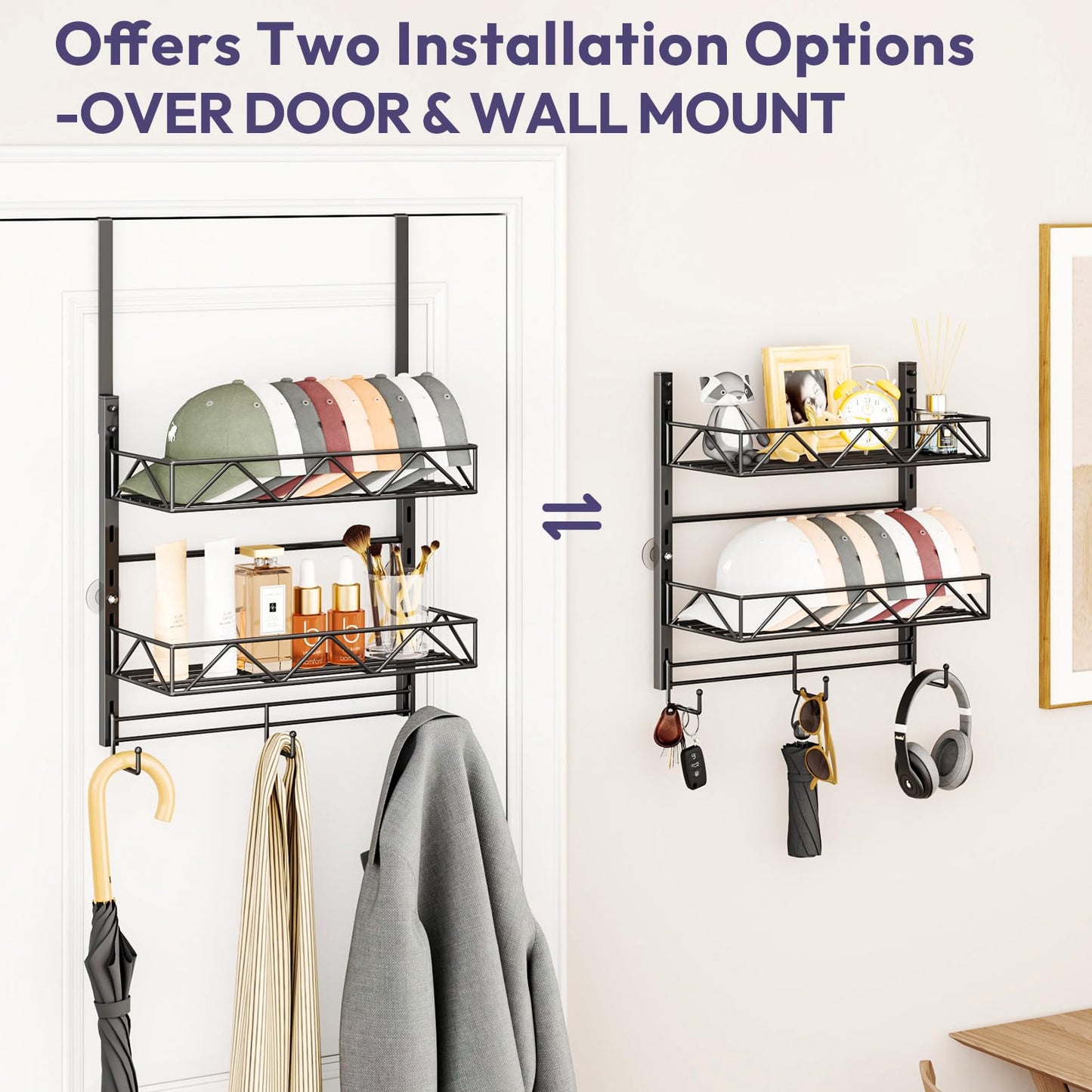 SWTYMIKI Over Door Hat Organizer - 3 Tier Wall Mounted Hat Rack with 2 Adjustable Metal Basket and 3 Hooks, Hanging Baseball Cap Organizer Storage Holds up to 29 Caps for Door, Bedroom, Closet