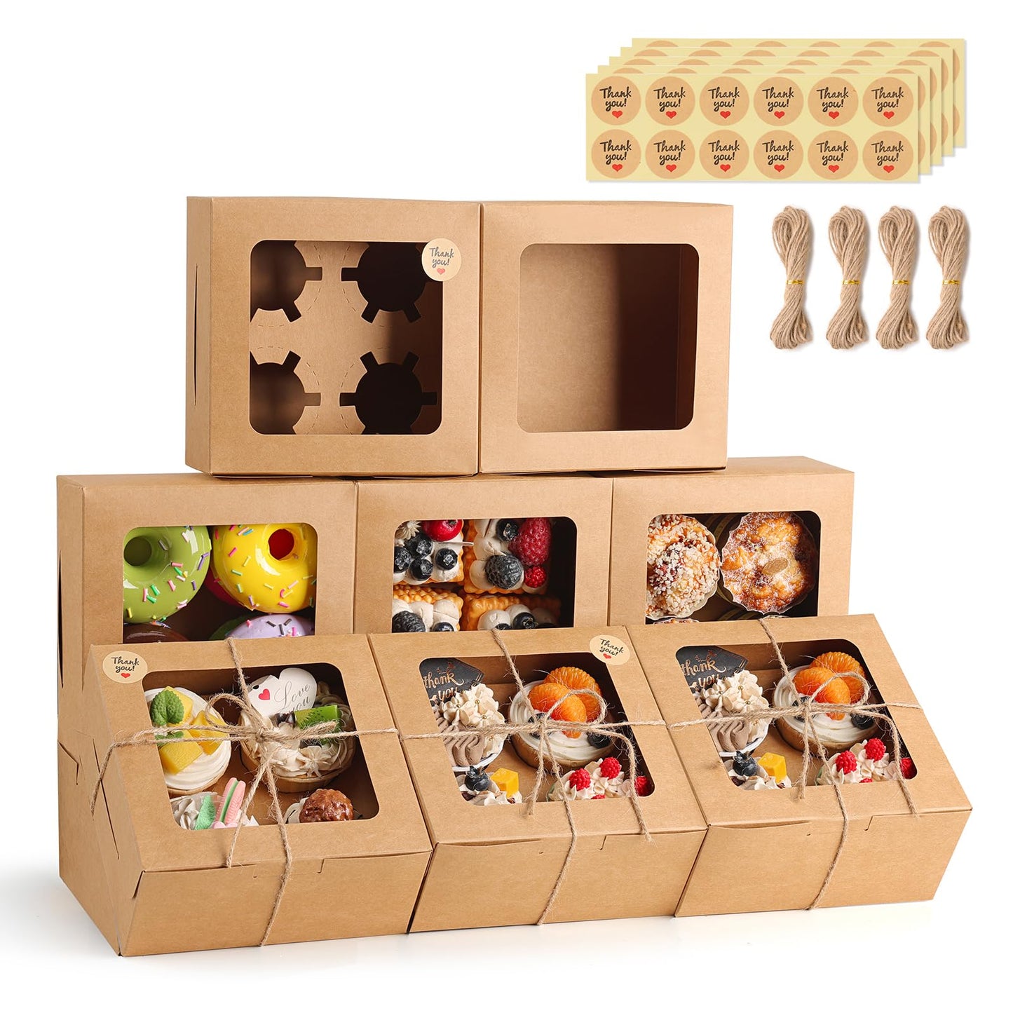 TOMNK 50 PCS Cupcake Boxes with Window, 6.3x6.3x3 Inch Cookie Boxes, Brown Bakery Containers for Pastry, Dessert, Chocolate Strawberries, Treat Boxes with Stickers and Jute Twine