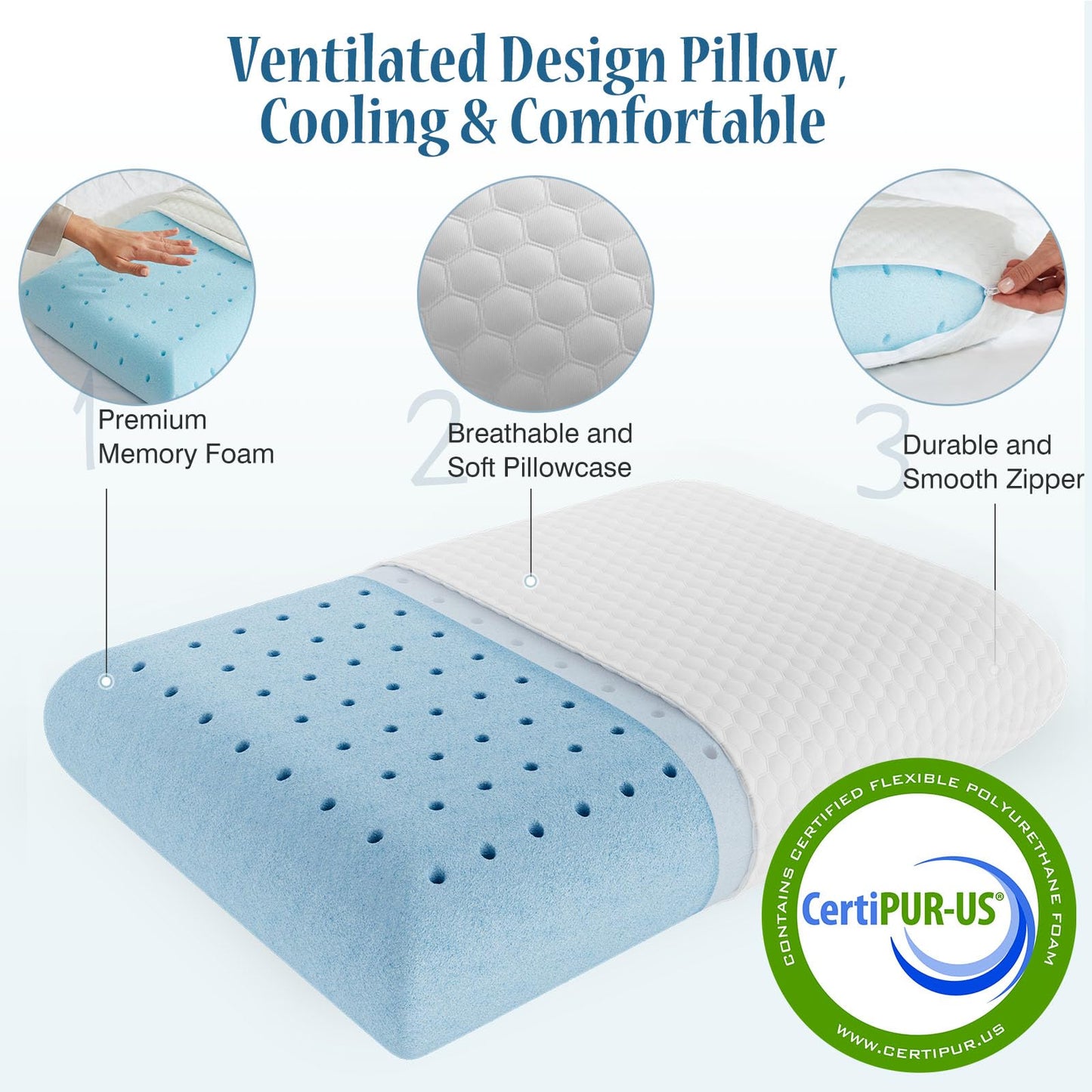 OLIXIS Memory Foam Pillow for Sleeping, 2 Pack Queen Bed Pillows, Pressure Relieving Cervical Support, Adjustable Loft, Removable Washable Cover, Gel Cooling Mesh, for Back Side Stomach Sleepers,White