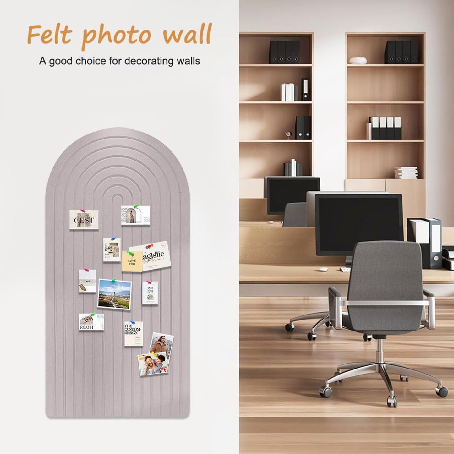 Large Felt Notice Board 47"x24" Arch-Shaped Push Pin Board with 35 Pushpins Cork Board Alternative Self-Adhesive Photo Panels for Office, Bedroom, Living Room, Photo Decorative Board