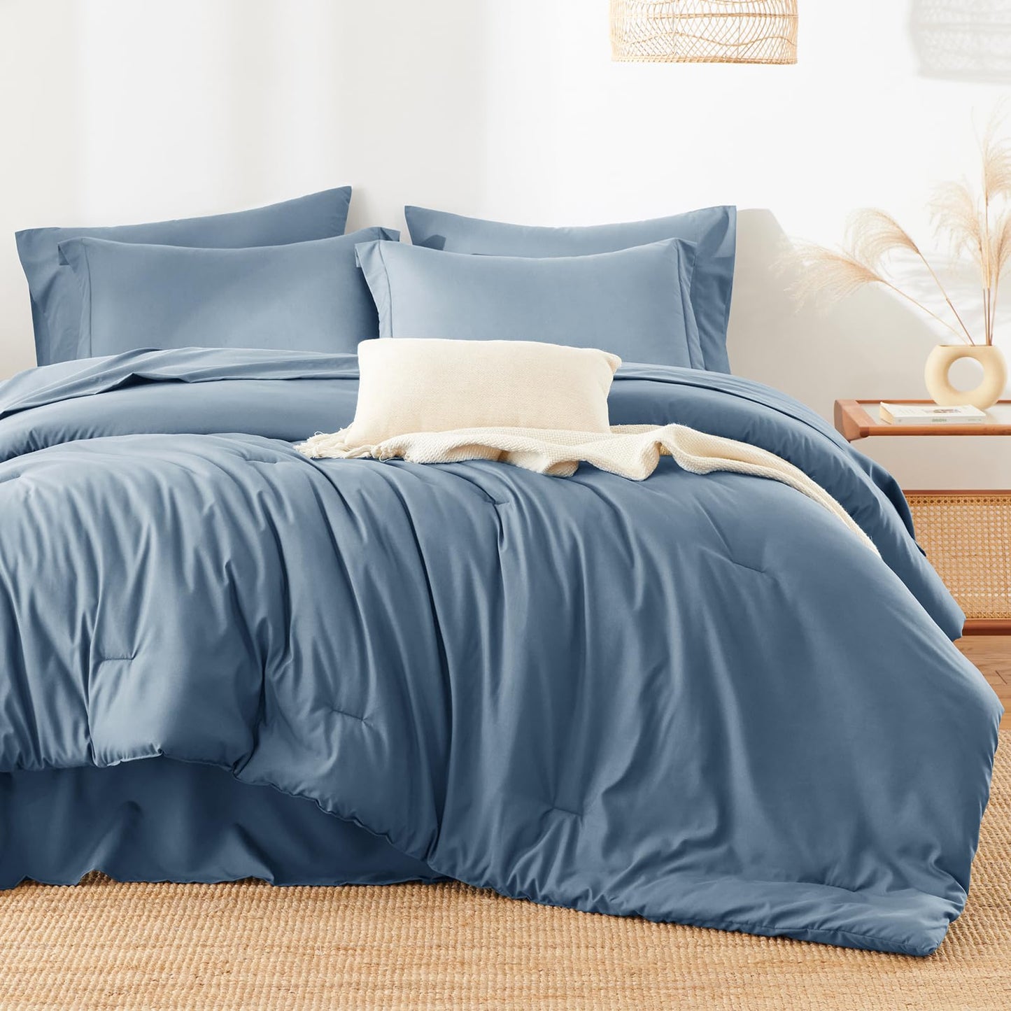 HIMEET Queen Size Comforter Sets - 7 Pieces Bed in a Bag Queen, Luxury Comforter Set with Sheets for All Season, Bed Set with Comforter, Flat Sheet, Fitted Sheet, Pillowcases & Shams, Grayish Blue