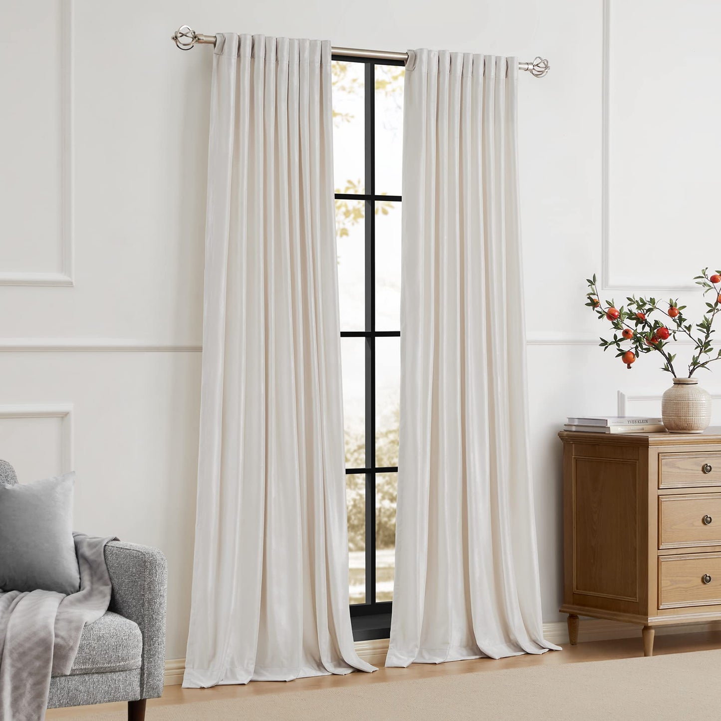 100% Blackout Ivory Off White Velvet Curtains 108 inch Long for Living Room,Set of 2 Panels Liner Rod Pocket Back Tab Thermal Window Drapes Room Darkening Heavy Decorative Curtains for Bedroom
