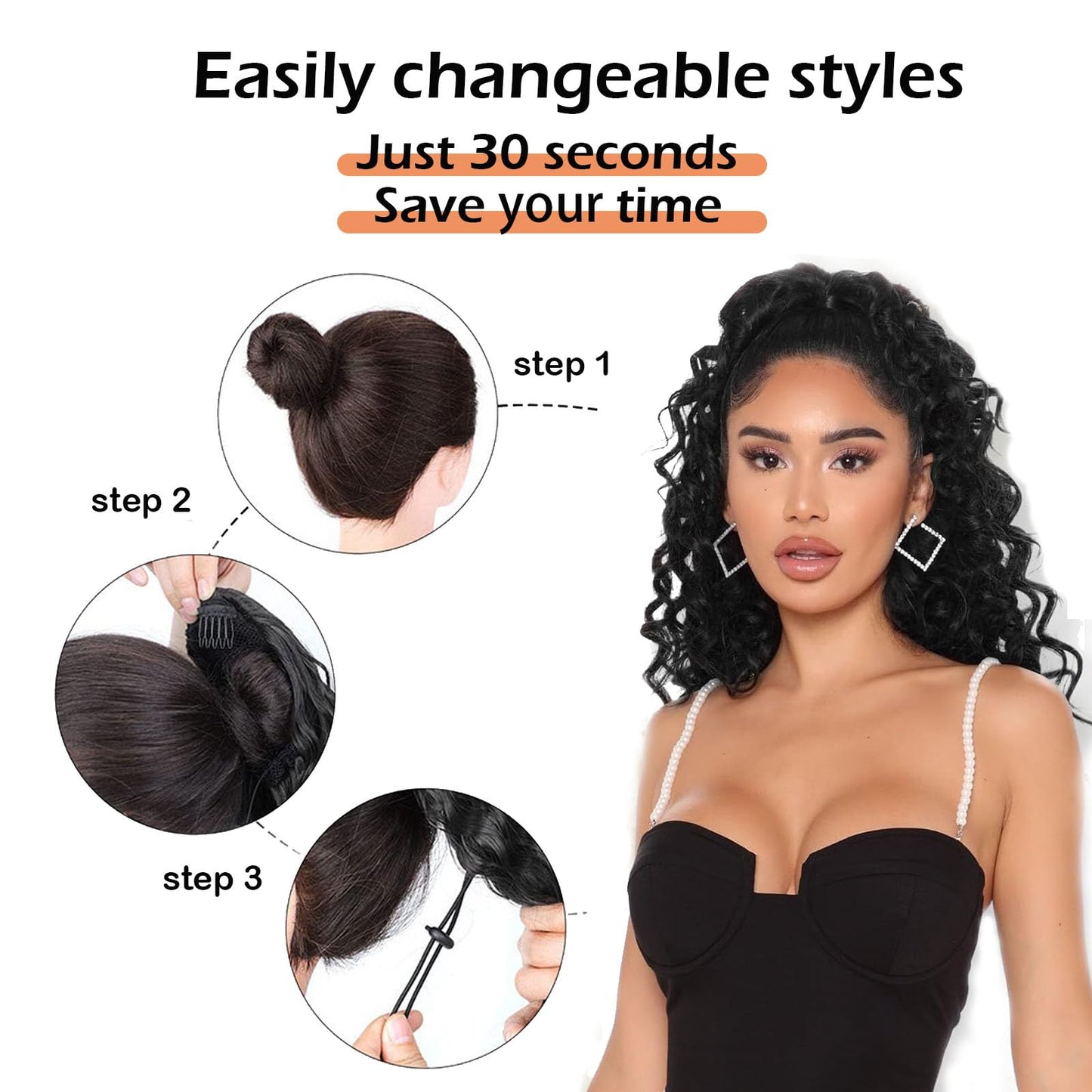 100% Human Hair Curly Drawstring Ponytail extension Water Wave, 12 inch 1B Natural Black Color, Afro Ponytail Brazilian Kinky Real Hair Ponytail Extensions For Black Women