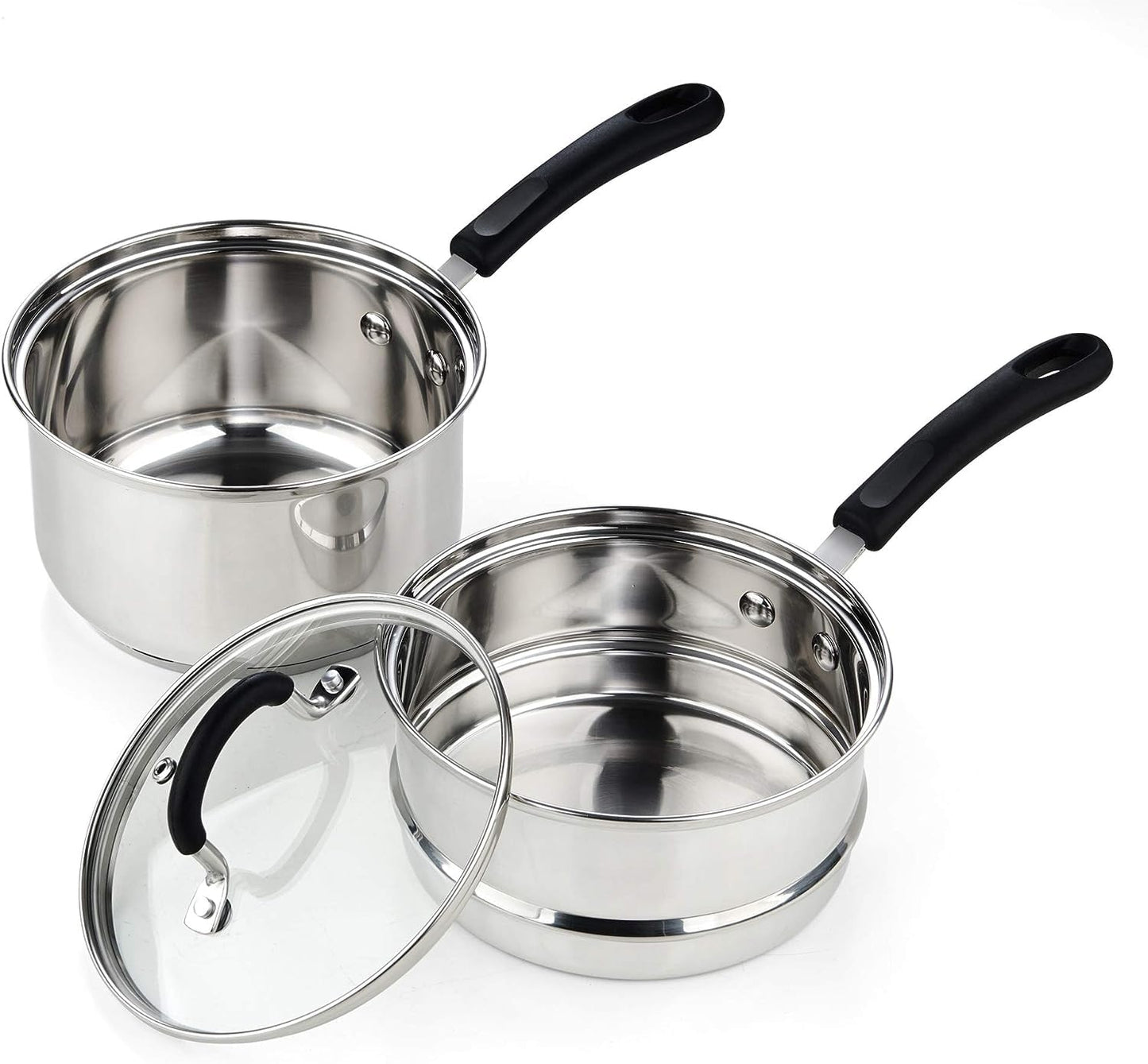 Cook N Home Professional Double Boiler Saucepan 2-Quart, 18-10 Stainless Steel Steam Melting Pot for Butter Chocolate Cheese, Tempered Glass Lid, Silver