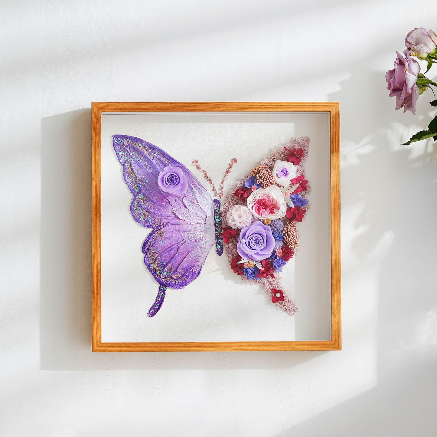 ADDWel Preserved Real Rose Butterfly Shadow Box - 12x12 3D Handmade Eternal Flower Wall Art, Unique Birthday Anniversary Purple Gifts for Women, Mom, Wife, Grandma