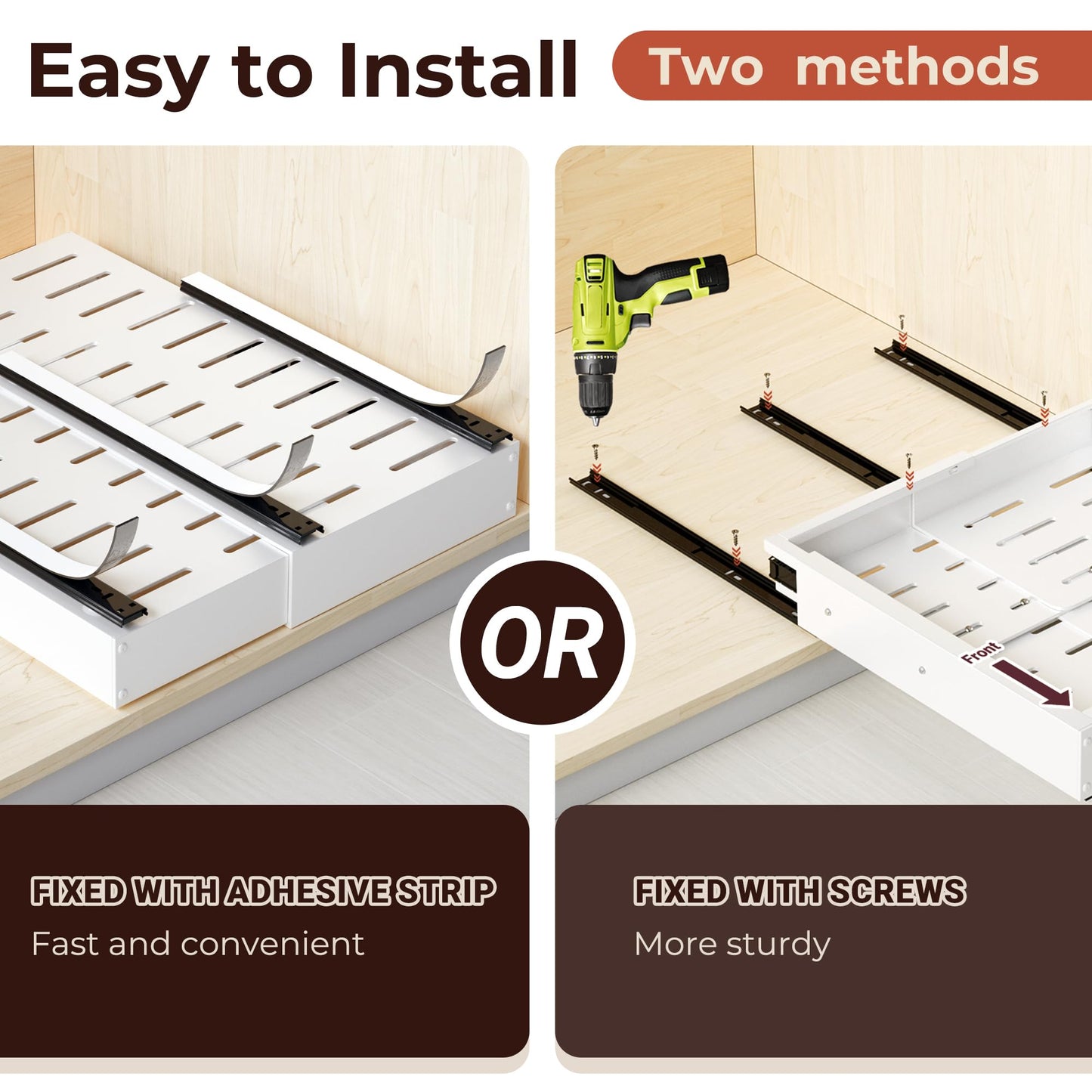 1 Pack Pull Out Cabinet Organizer, Slide Out Drawer Expandable Width (12"-19") and Depth (17"-23") With 3 Slides, Fixed with Adhesive Film and Nail for Cabinets in Kitchen, Pantry or Bathroom