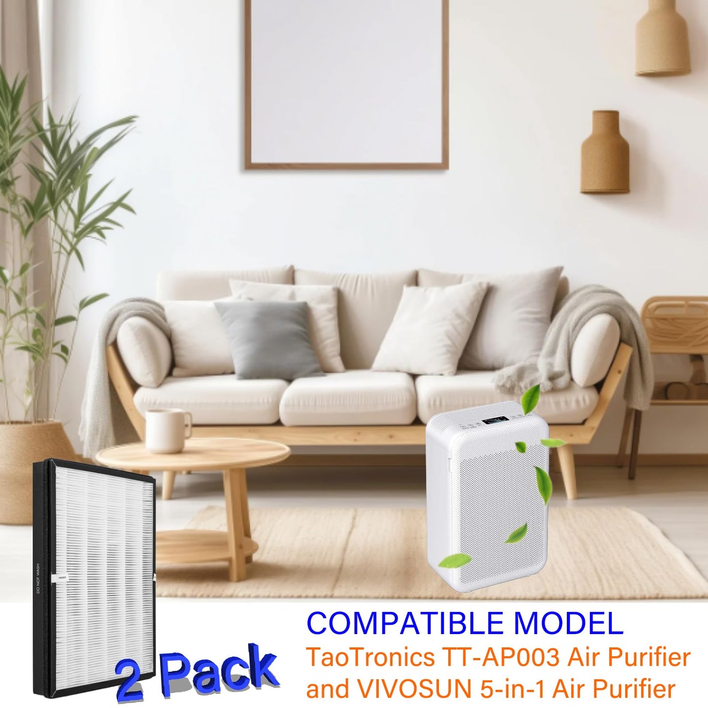 2 Pack TT-AP003 Replacement Filter for TaoTronics TT-AP003 Air Purifier and VIVOSUN 5-in-1 Air Purifier, 3-in-1, H13 True HEPA with High-efficiency Activated carbon and Pre-Filter