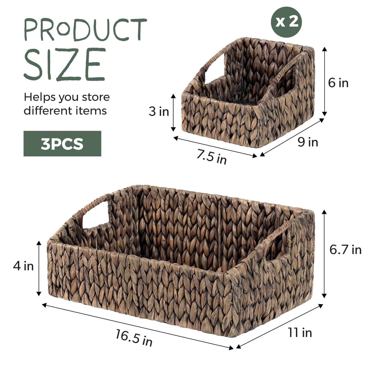 Set of 3 Handwoven Storage Baskets – Decorative Natural Wicker Organizer Bins with Built-in Handles for Bathroom, Kitchen, Pantry, Nursery, Closet, Laundry, Living Room, and Home Use