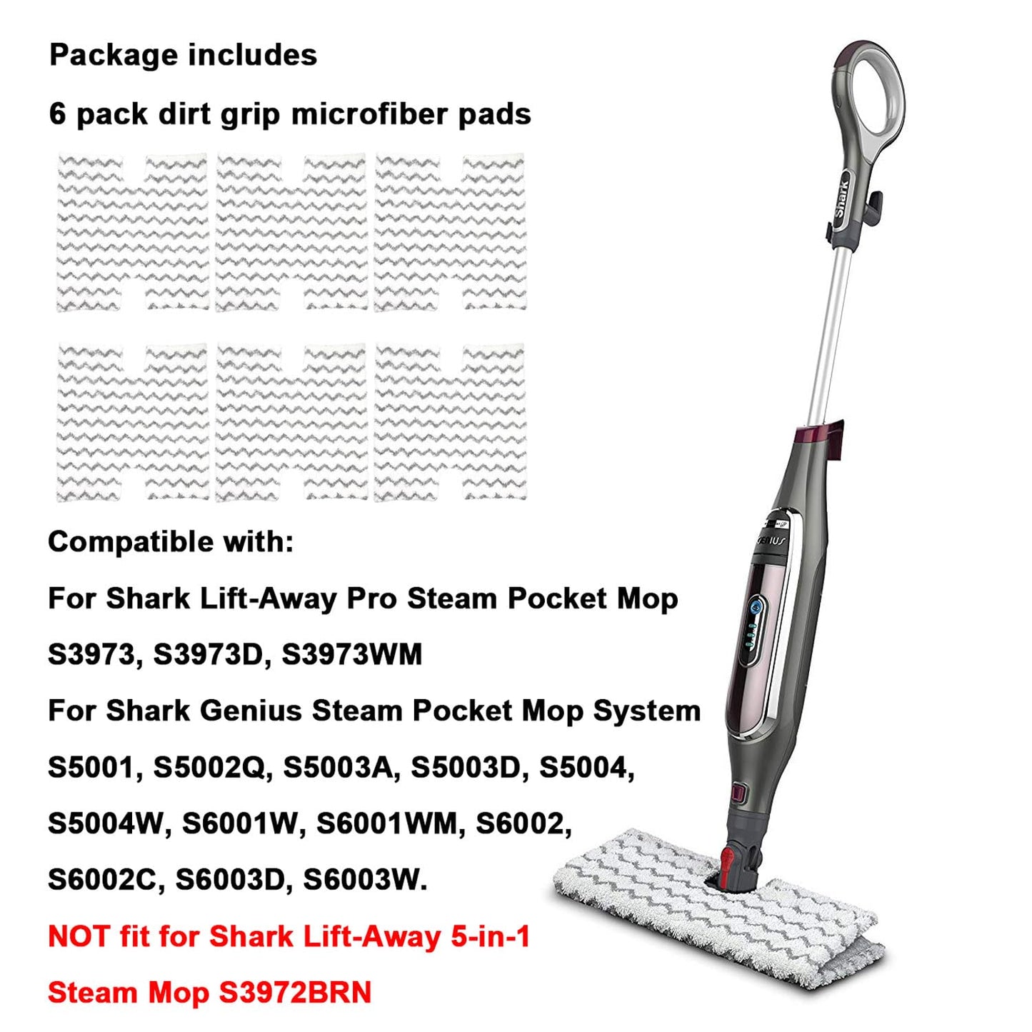 6 Pack Steam Mop Pads Replacement P184WQ for Shark Genius Steam Mop S5003D & Lift-Away Pro Steam Mop S3973 S3973D S3973WM S5001 S5002Q S5003A S5004 S5004W S6001W S6001WM S6002C S6003D S6003W