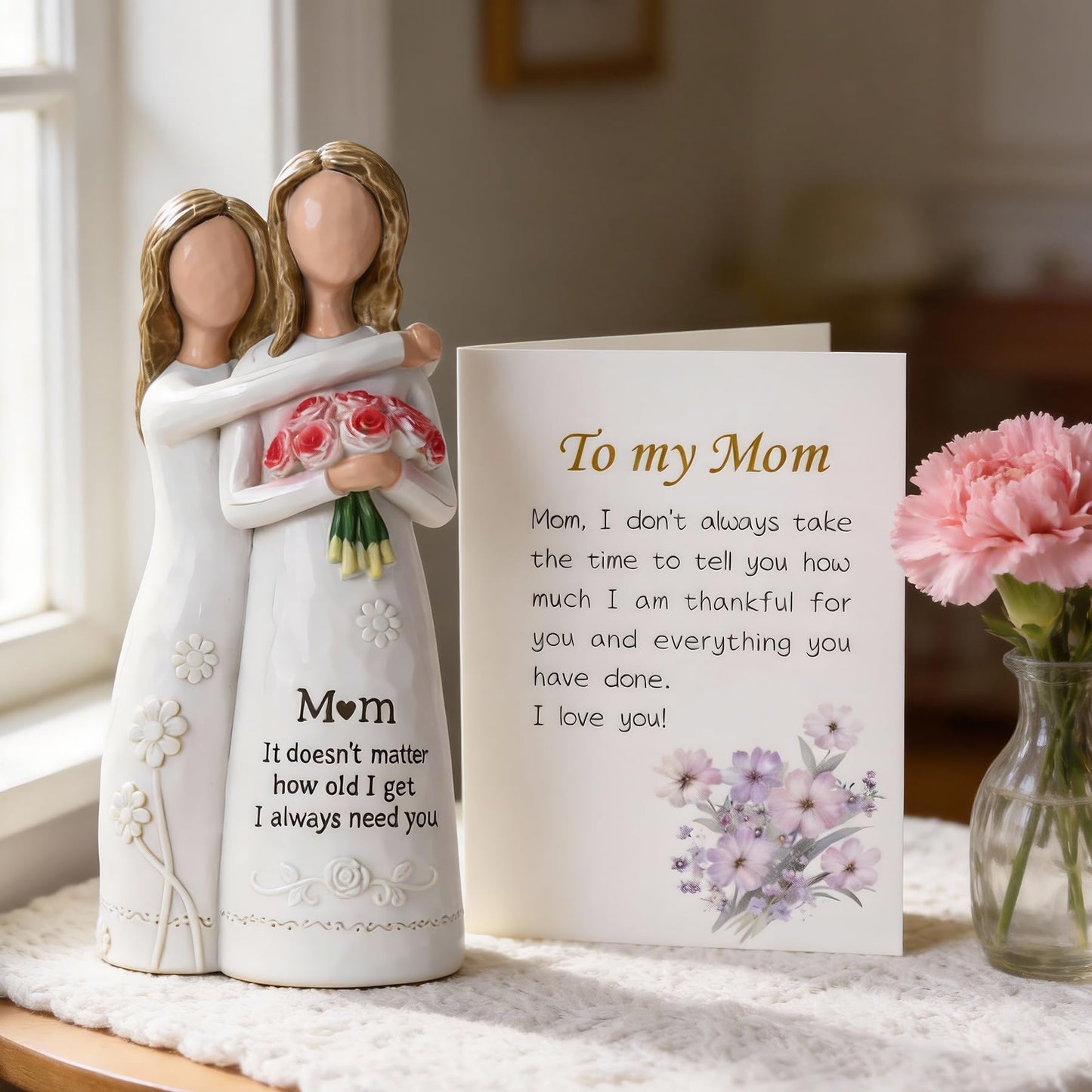 Ocosy Hand-Painted Mom Daughter Resin Figurine, Statue, Gift for Mom from Daughter, Decorative Sculpture,Red Rose