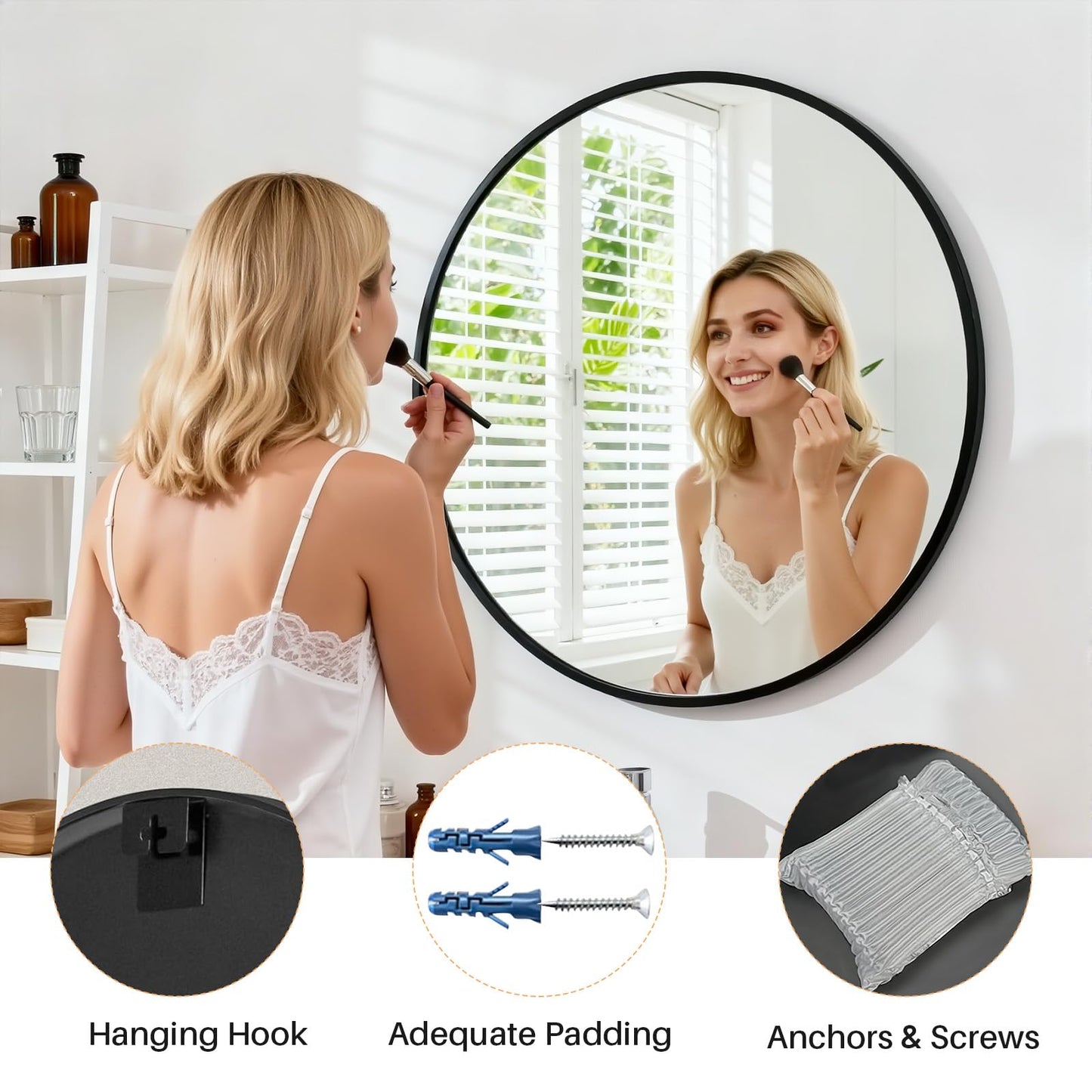 Atilioo Bathroom Mirror for Wall, 24 Inch Round Mirror, Matte Black Metal Framed Circle Vanity Mirror for Bathroom Bedroom Living Room Entryway, Anti-Rust, Tempered Glass, Hanging or Leaning