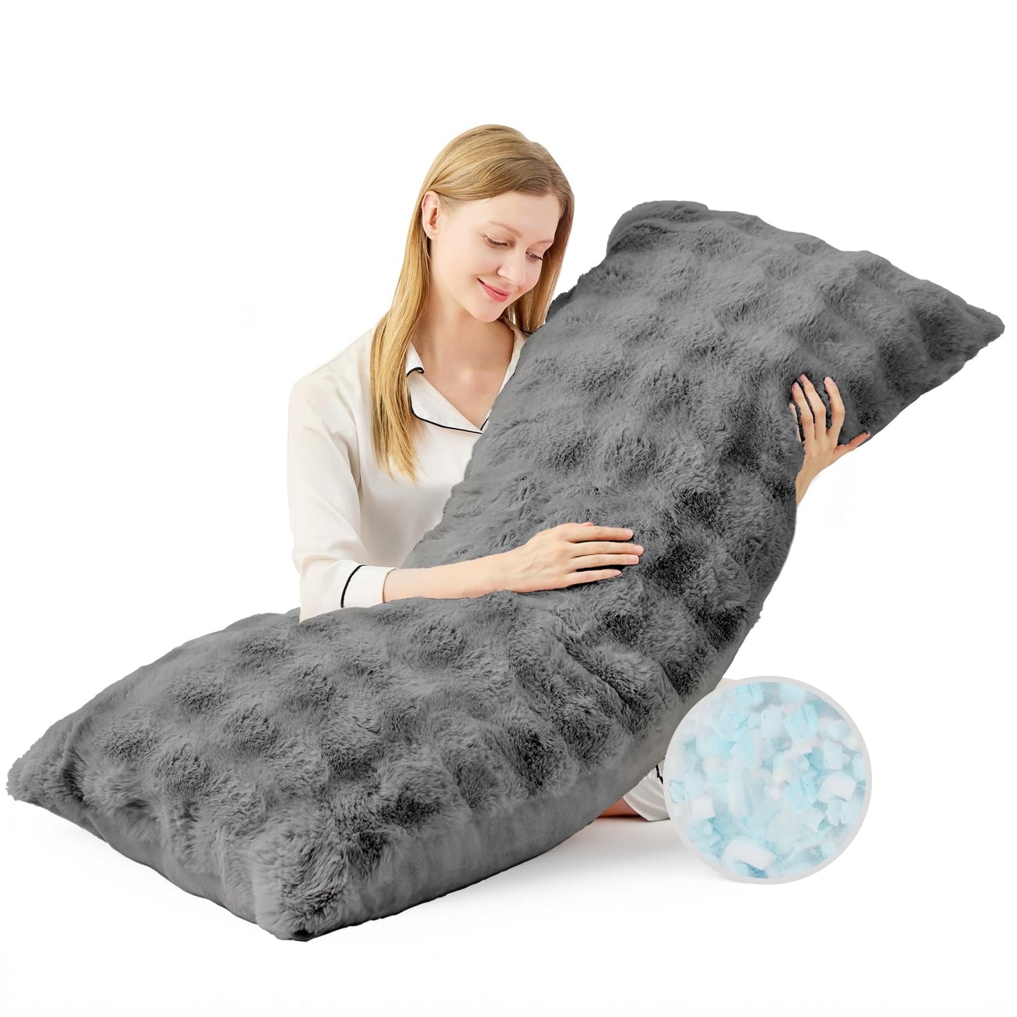 YZ HOME Faux Fur Fluffy Body Pillow for Adults - Firm Body Pillow Insert with Shredded Blue Memory Foam, Adjustable Height, Soft Support for Side Sleepers, Pregnant Women, Washable, 20x54 Inch (Grey)