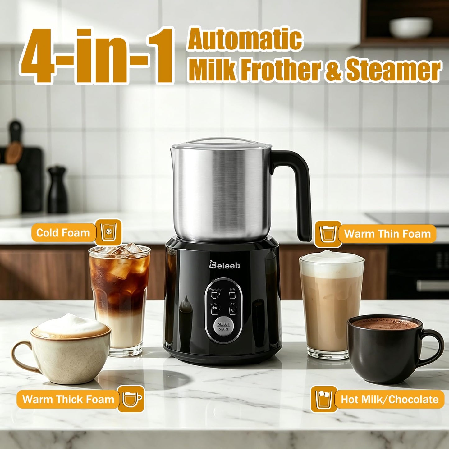 Beleeb Milk Frother, 4-in-1 Automatic Cold & Hot Electric Milk Frother and Steamer, 11.8oz/350ml Stainless Steel Milk Warmer, Quick and Easy for Effortlessly Making Cappuccino, Latte, Dishwasher Safe