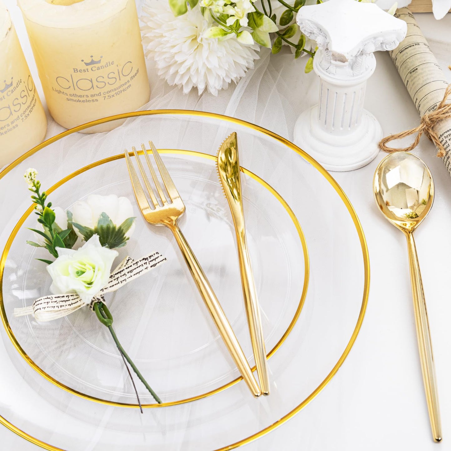 LIYH 360 Pcs Gold Plastic Silverware - Elegant Gold Silverware Disposable Utensils Set for Weddings,Parties & Events - Includes Forks,Spoons,Knives,Cutlery Tableware