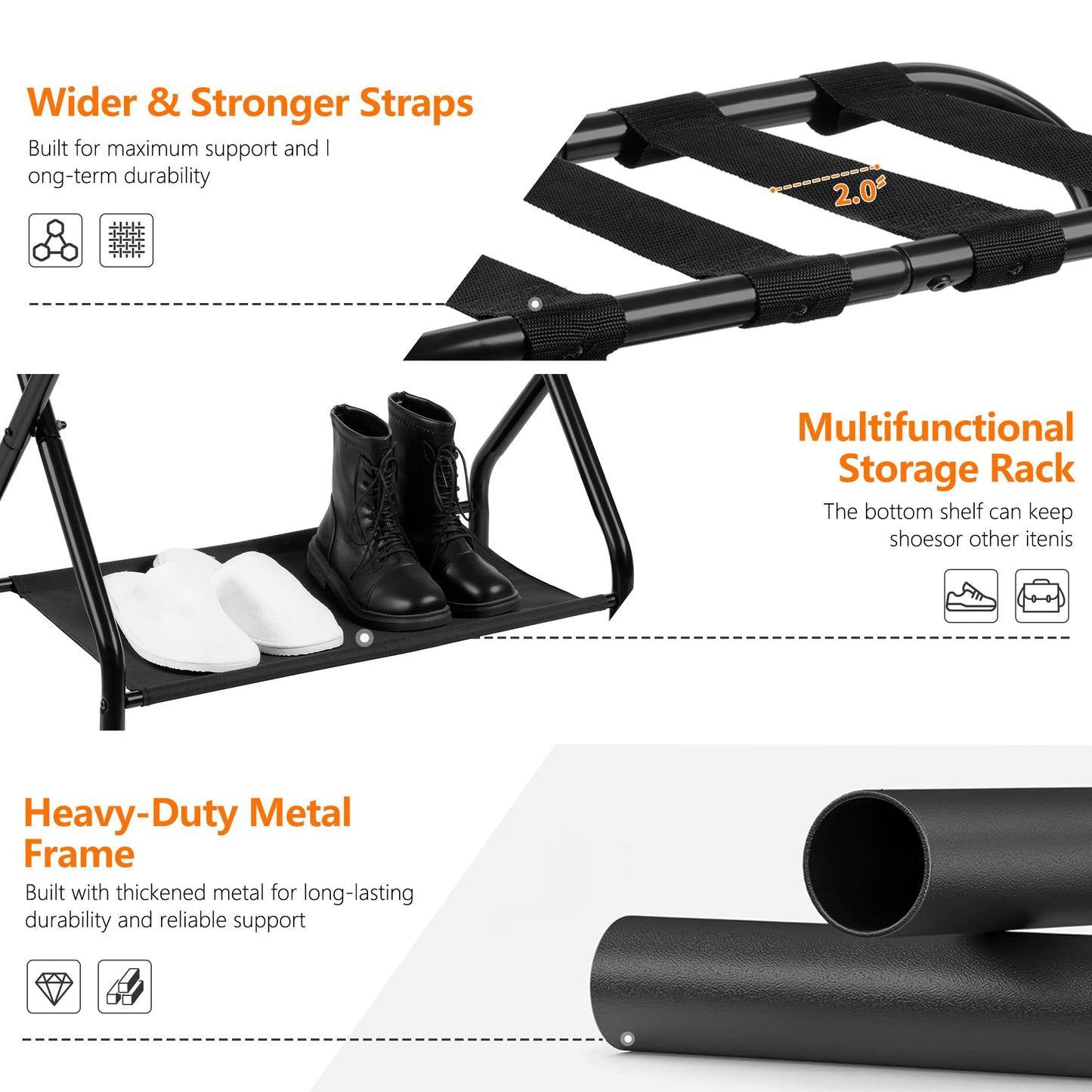 Heybly Luggage Rack for Guest Room, Pack of 2, Steel Folding Suitcase Stand with Storage Shelf for Bedroom, Hotel, Foldable Steel Frame, Guest Room 26.2" L x 14.4" W x 20.5" H, Black HLR004B2