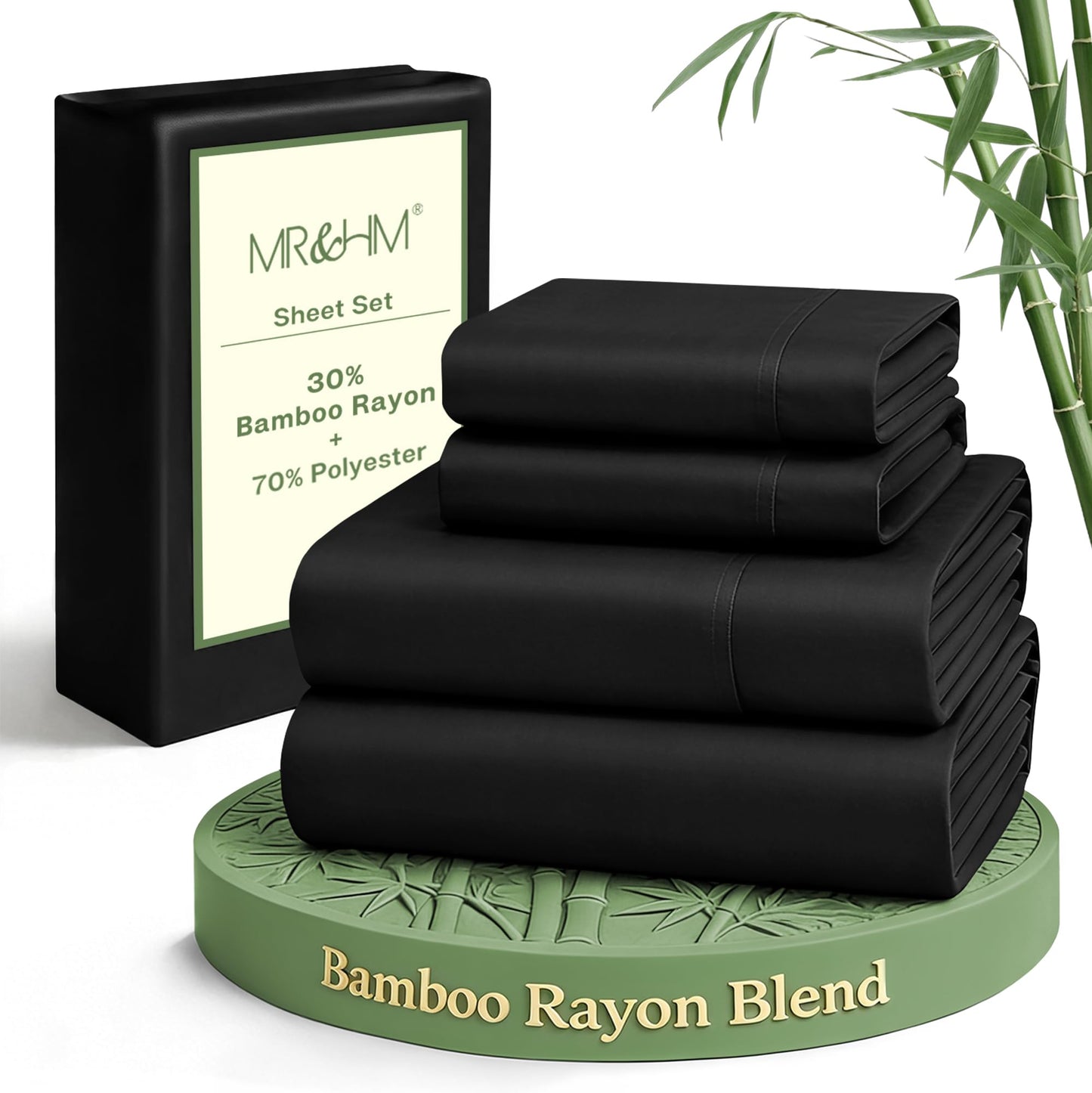 MR&HM Queen Sheet Set, 4-Piece Cooling Sheets, Rayon Derived from Bamboo & Polyester Blend, Soft & Silky, 15" Deep Pockets with Elastic Straps, Hotel Luxury for Hot Sleepers, Black