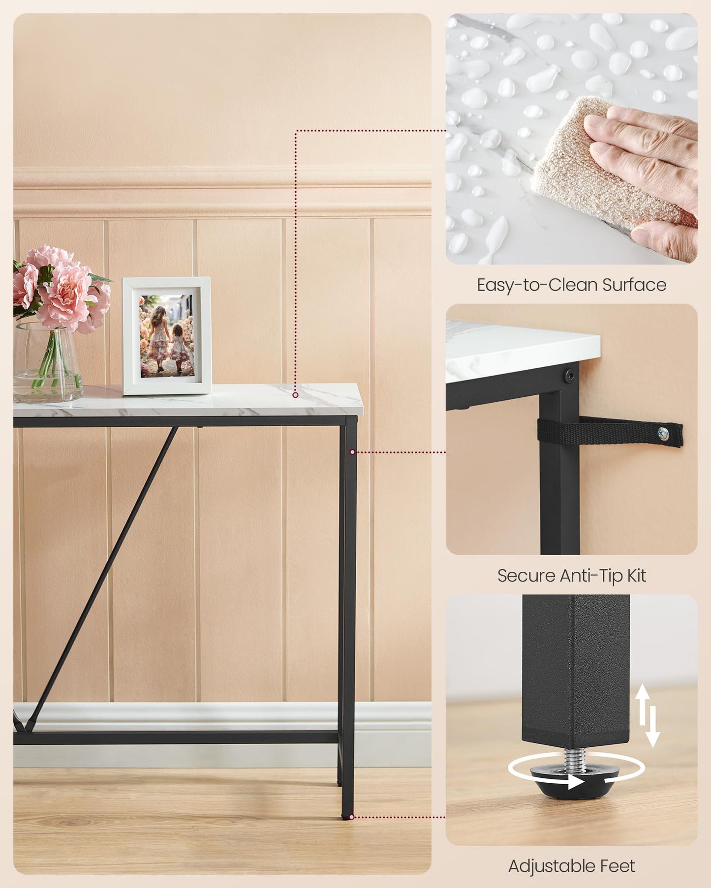 VASAGLE Console Sofa Table, Narrow Entryway Table, for Living Room, Bedroom, Easy Assembly, Marble White and Ink Black ULNT020W01