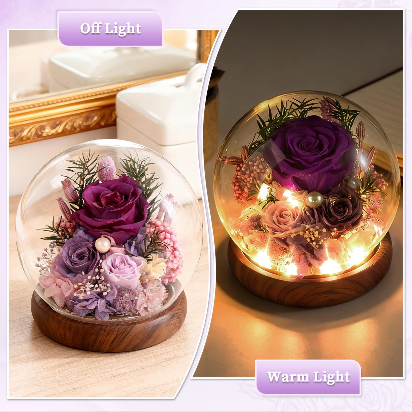 ChosiaRose Preserved Flowers for Delivery - Preserved Roses Forever Flowers Gifts for Mom Grandma,Forever Purple Roses Gift in Acrylic Dome for Her Birthday Flower Gift for Women Wife Mother Valentine