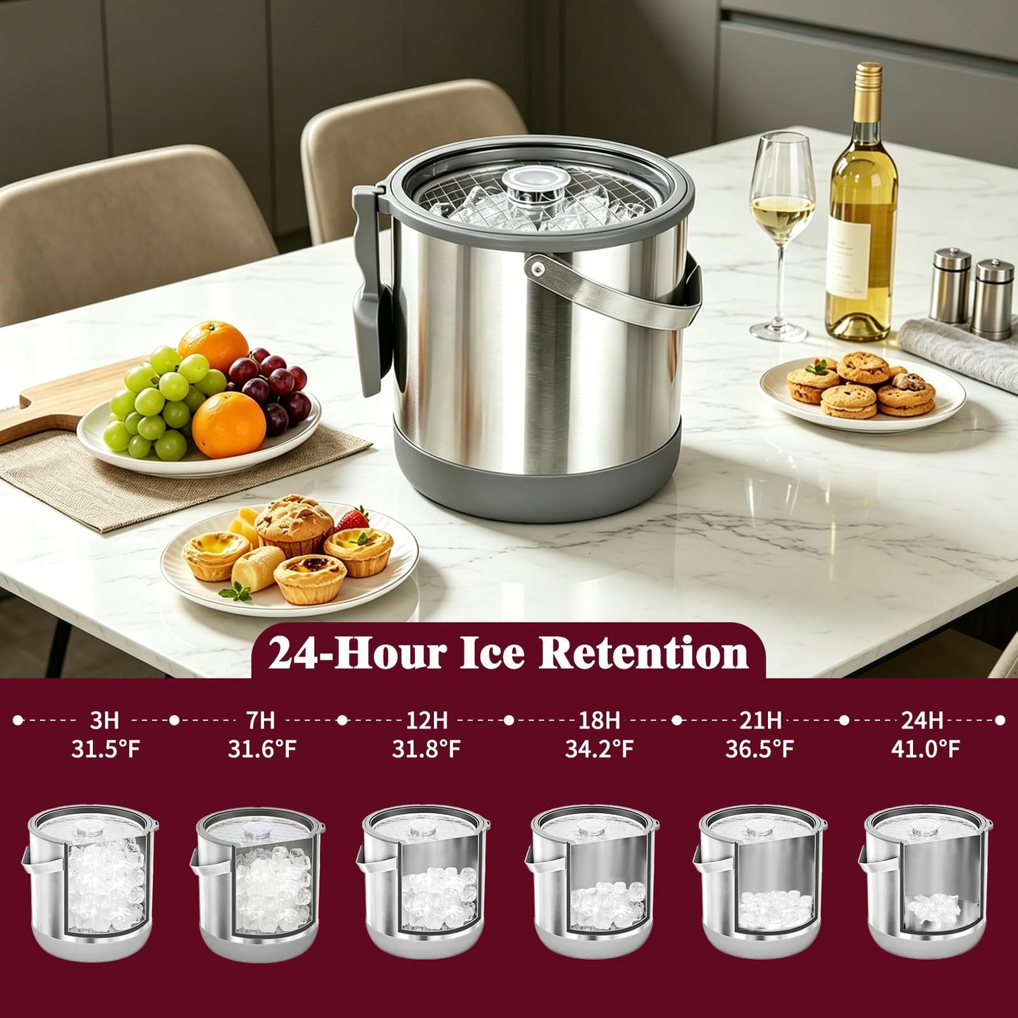 6.8L/7QT Large Insulated Ice Bucket with Lid & Scoop,Double-Wall Ice Bucket for Parties,Cocktail Bar(Grey)