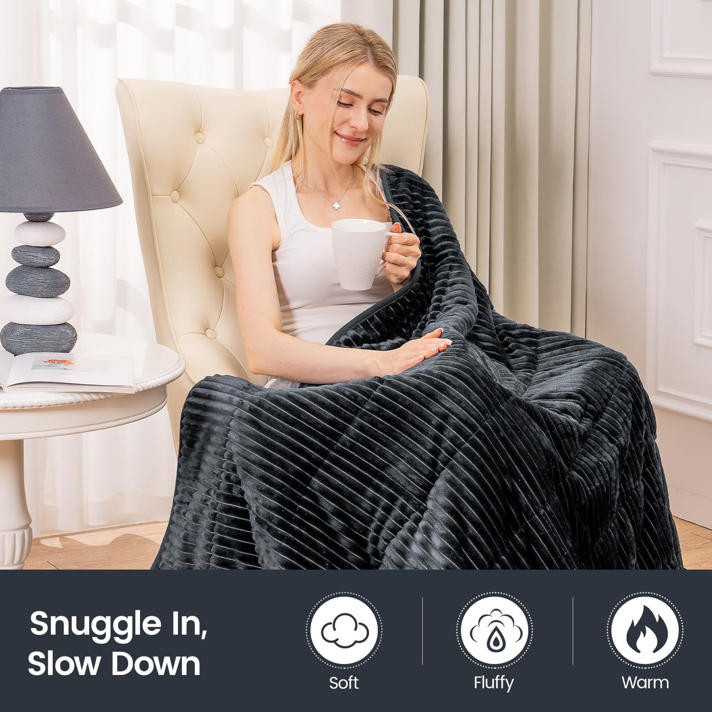 Sherpa Fleece Adult Weighted Blanket with Ribbed Stripes, 15 Pounds Dual Sided Soft Plush Blanket for Couch Bed Sofa, Heavy Thick Blankets with Glass Beads Great for Sleep, Dark Grey, 48" x 72"