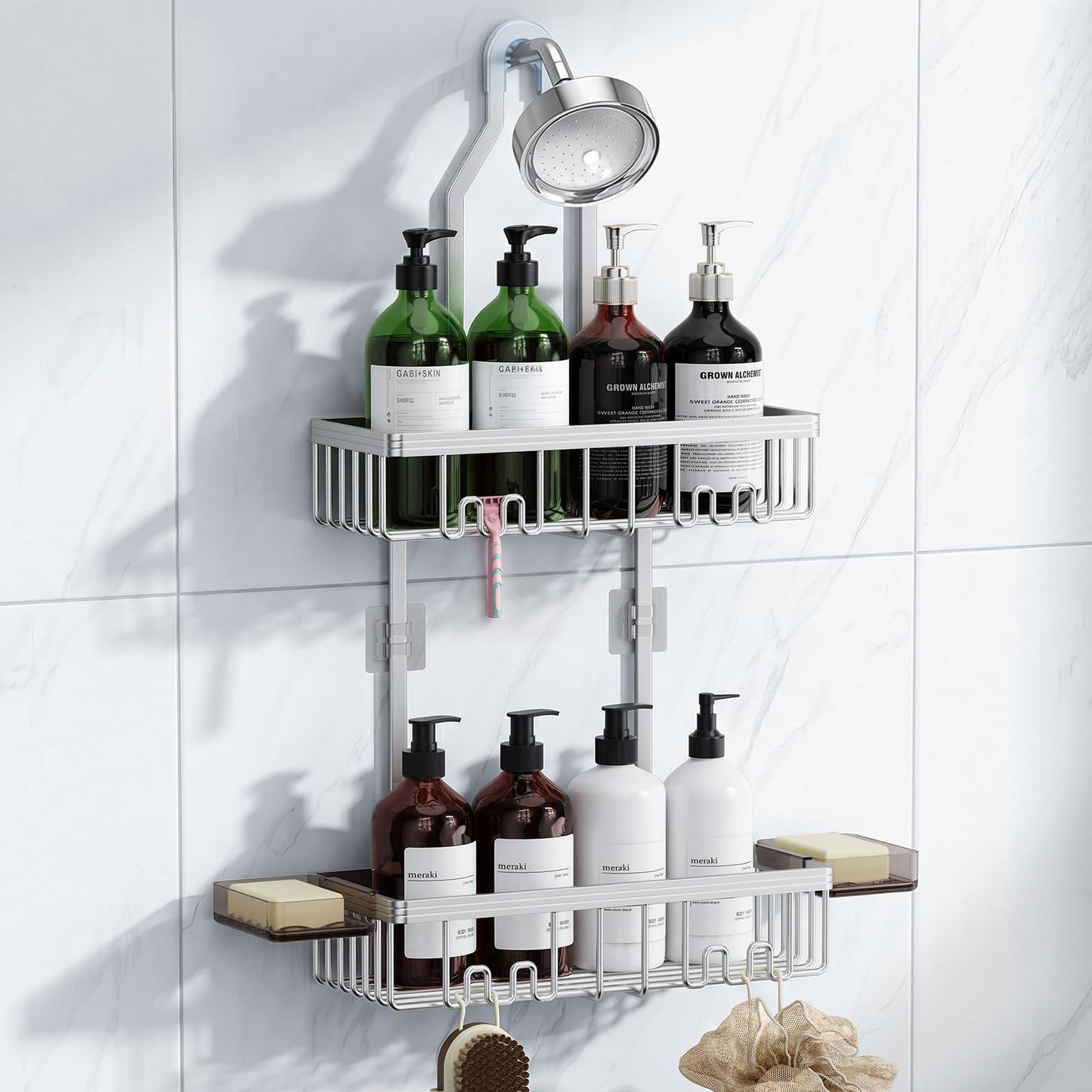 VALORDINE Shower Caddy Hanging, Never Rust Shower Organizer Hanging, Aluminum Shower Racks for Inside Shower with Hooks for Razor, Bathroom Organizers and Storage with Soap Holder, Bright Silver