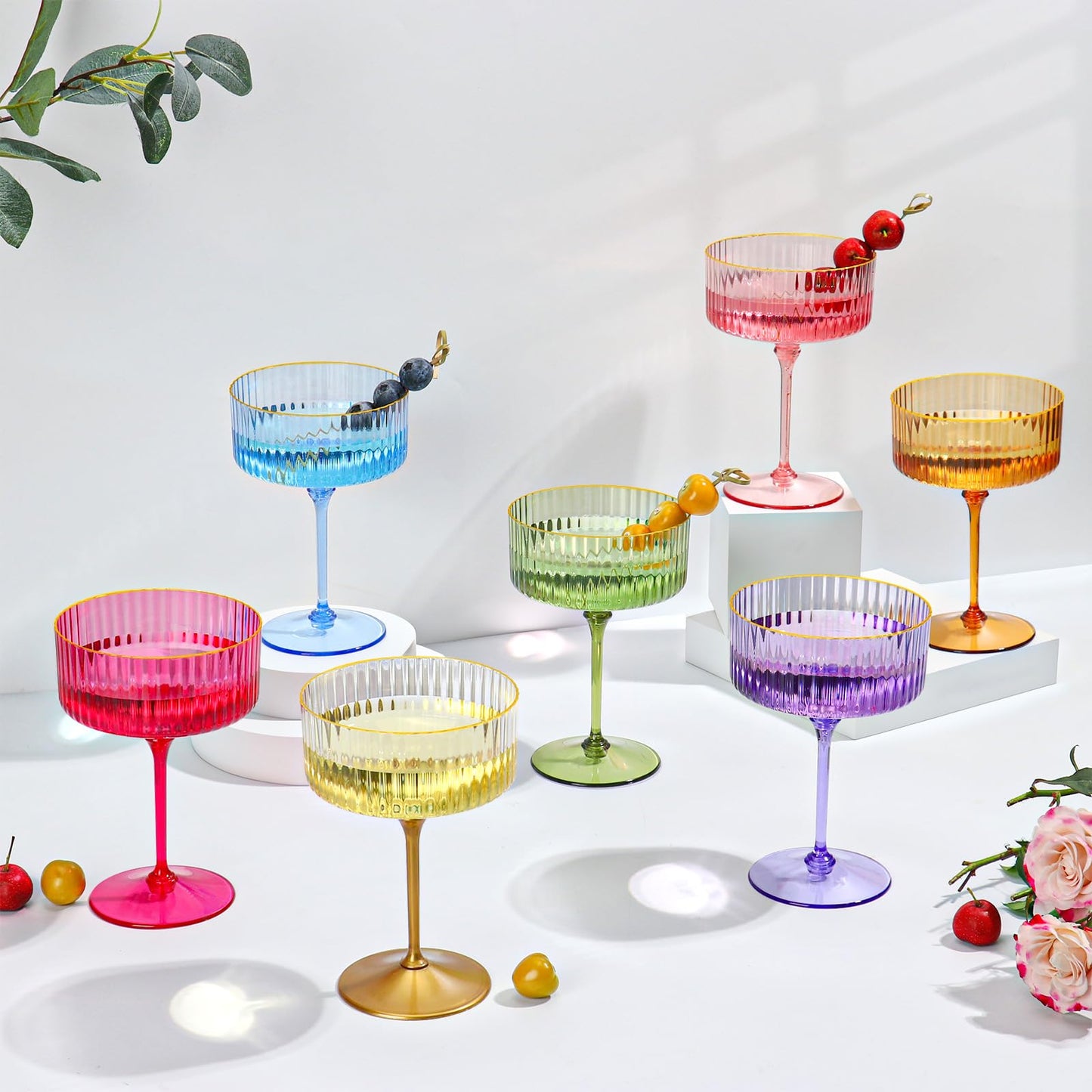 HKSZEH 24 PCS Ribbed Coupe Glasses Pink Plastic Champagne Coupe Cup 10oz Detachable Gold Rim Espresso Martini Glass Vintage Margarita Glassware Cocktail Glass for Wedding Bachelorette Party