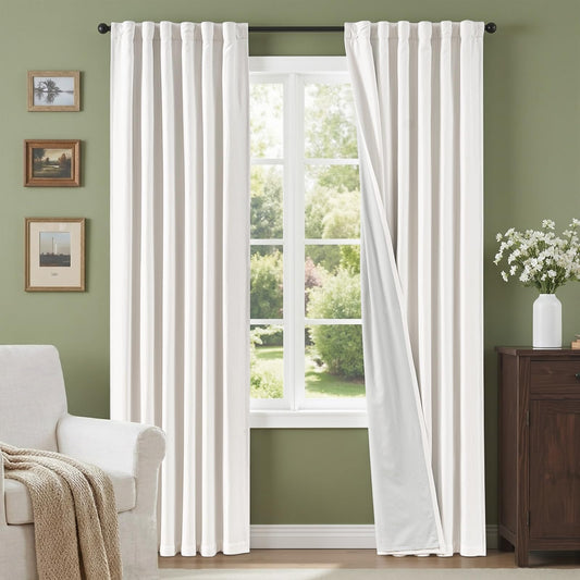 100% Blackout Curtains for Bedroom Decor White Linen Textured Curtains with Liner Insulated Thermal Curtains for Living Room 84 Inch Long 2 Panels Noise Reducing Blackout Drapes Back Tab Window Drapes