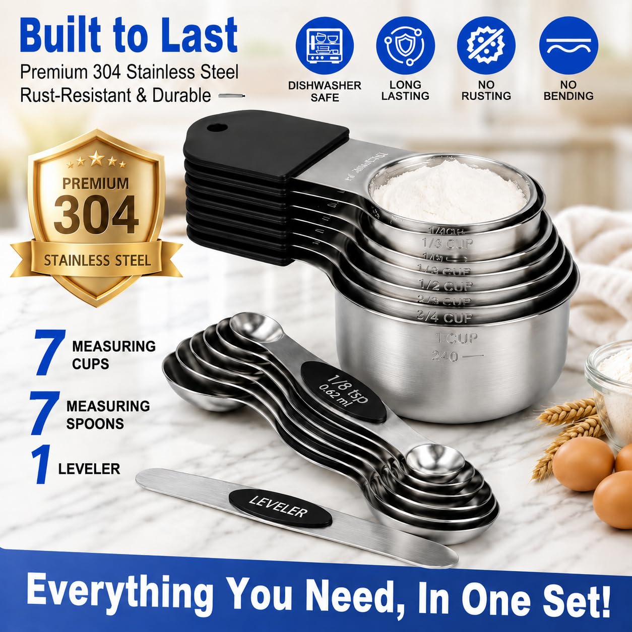 Magnetic Measuring Cups & Spoons Set, Strong N45 Magnets, Heavy Duty Stainless Steel Fits in Spice Jars for Baking & Cooking, BPA Free, Round Set of 15 with Leveler,Dark Black