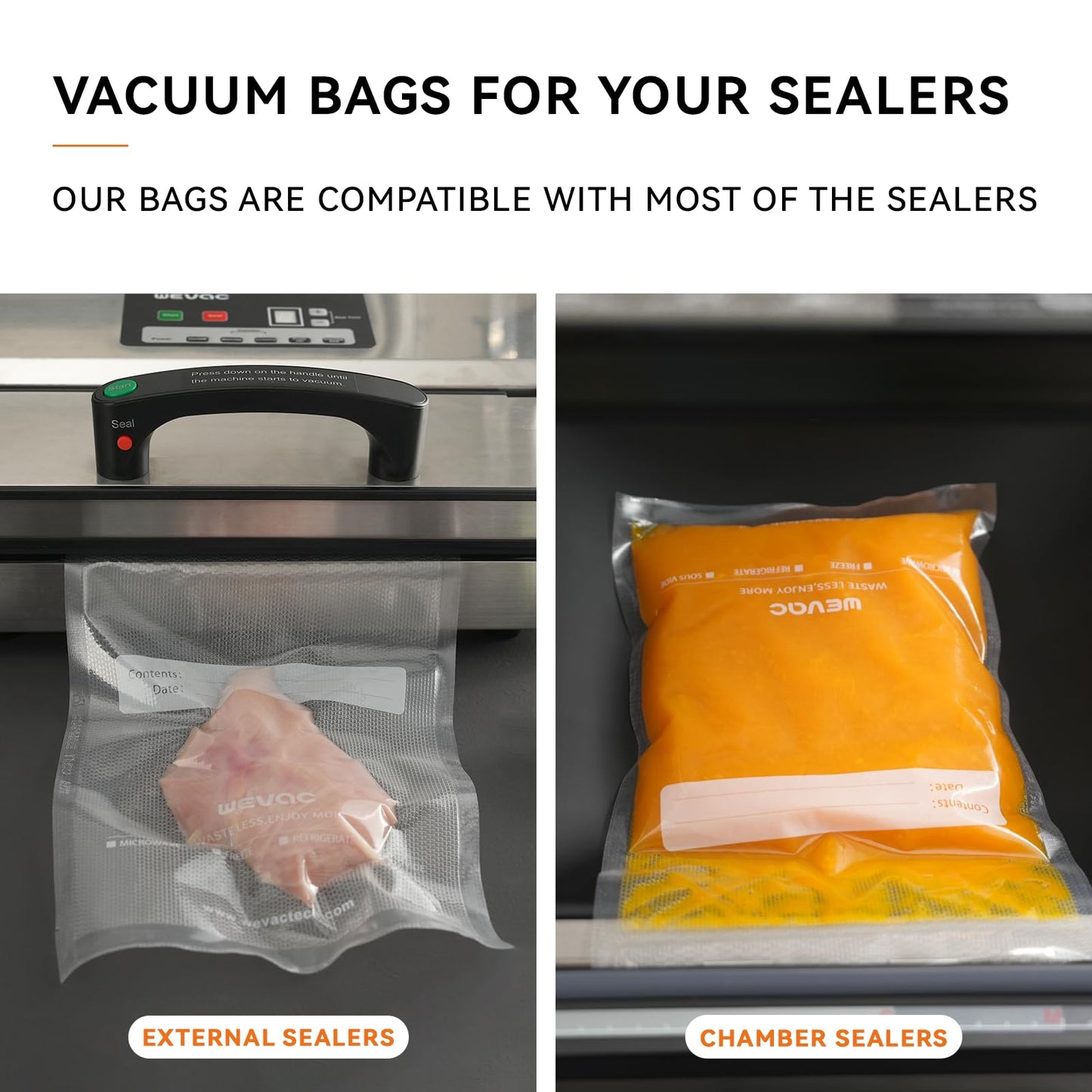 Wevac 8" x 12" Precut Vacuum Sealer Bags, 200 Count, Includes 5 Liquid Block Bags & 5 Bone Guard Pieces, Heavy Duty for Food Storage, Sous Vide & Meal Prep