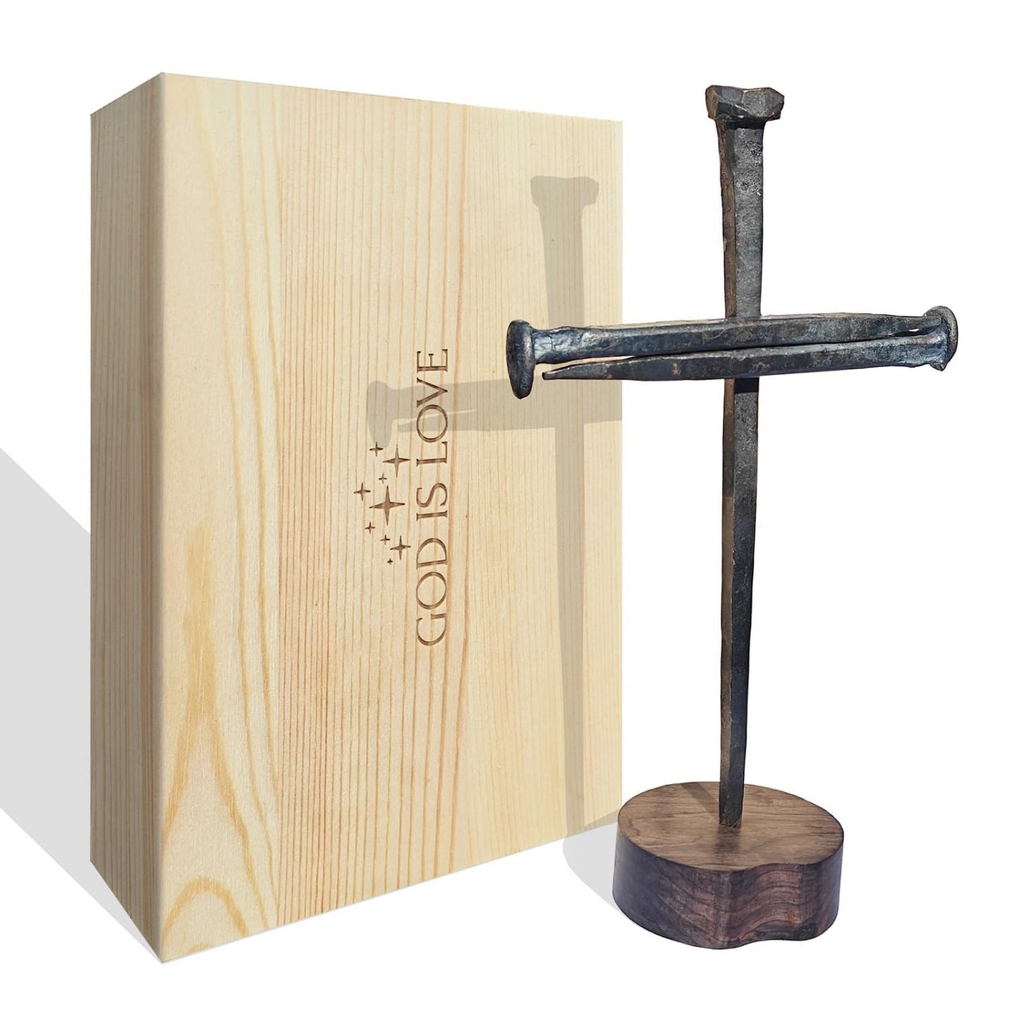 annrose Passion of Jesus Christ Crucifixion Nail Metal Cross,Jesus Christ Tabletop Crucifix,Ordination Gifts,Religious Gifts for Men Women,Religious Fathers Day Gift (Solid Wood Base)