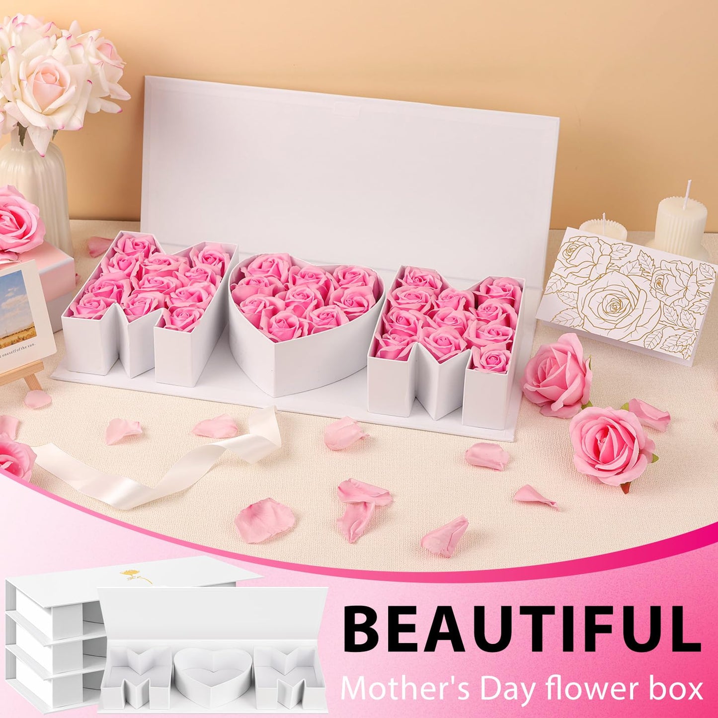 PYQTH 4 Pack Empty Mom Box for Flowers Mothers Day Flower Gift Boxes Thicker Letter Shaped Gift Box Fillable Chocolate Candy Packaging Boxes for Mother's Day Birthday (White)