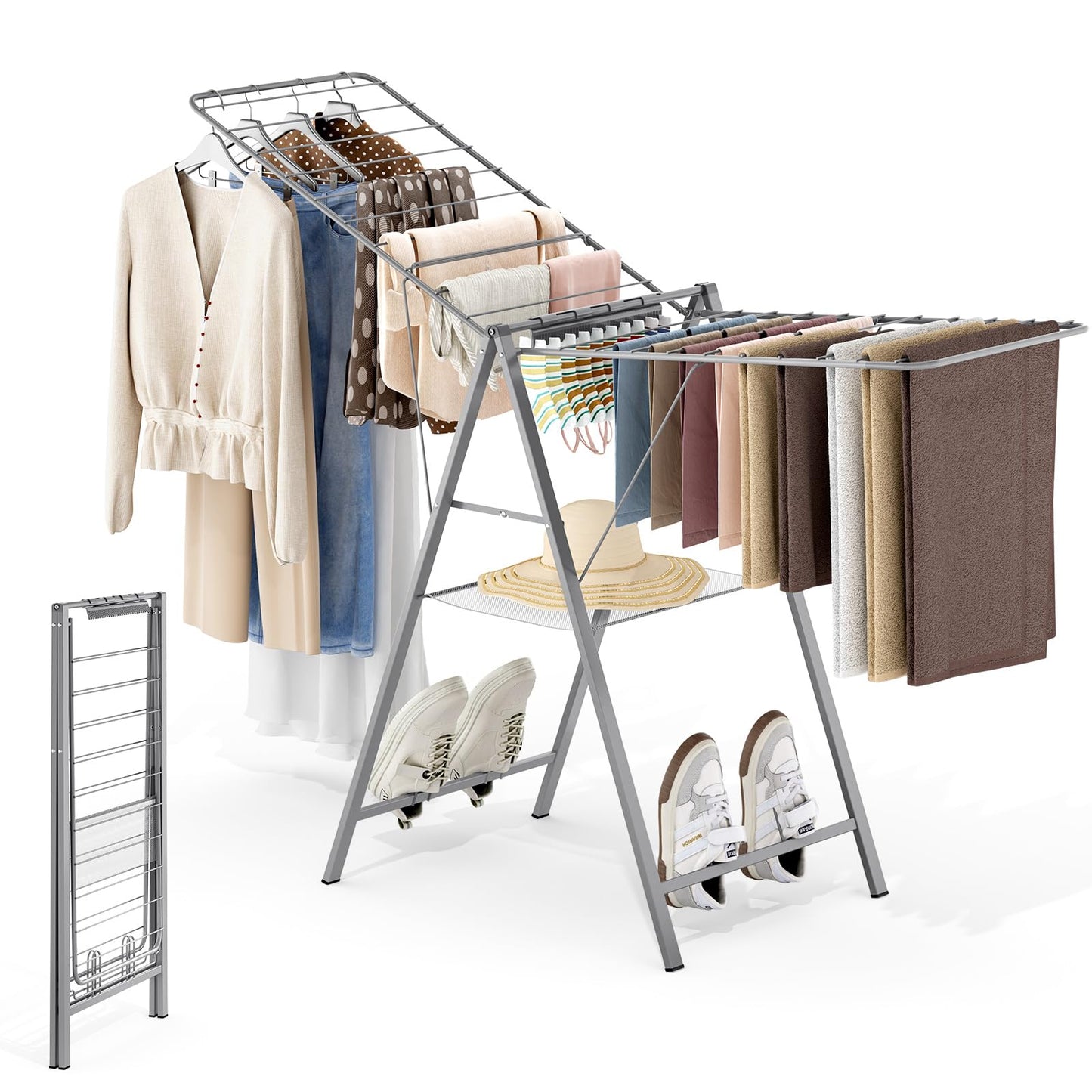 APEXCHASER Drying Rack Clothing, Clothes Drying Rack Foldable, Metal Laundry Drying Rack Collapsible for Sweater Towel Indoor & Outdoor, Height Adjustable Gullwing Clothes Airer, Grey