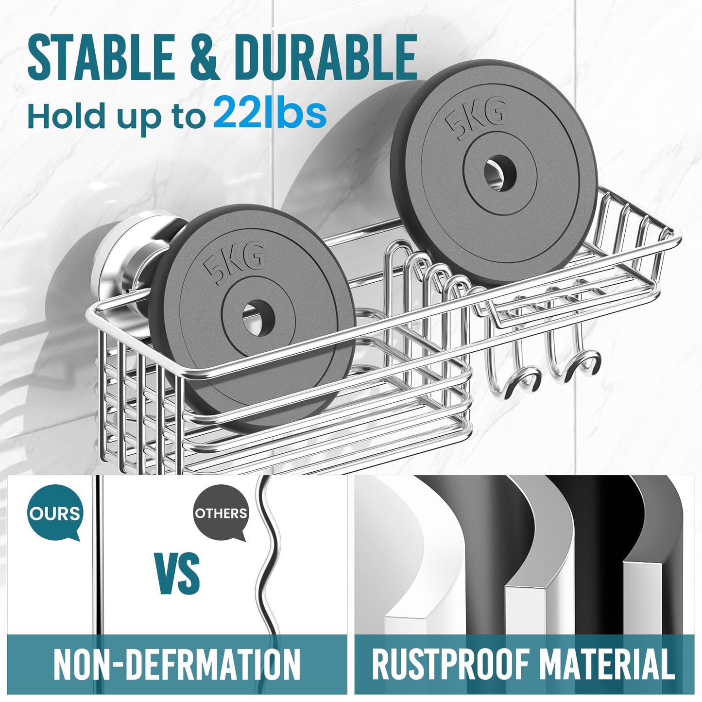 TAILI Shower Caddy Suction Cup 2 Pack with Hooks and Soap Holder, Heavy Duty Shower Organizer for Bathroom, No Drilling Silver Bathroom Suction Shelves-Silver