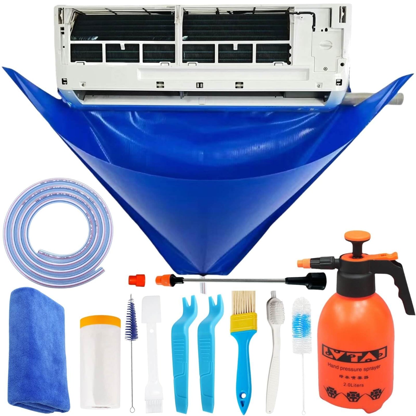 Oiktylr Mini Split Cleaning Kit Bag with 2L High Pressure Sprayer, Air Conditioner Cleaning Kit with Waterproof PVC AC Cleaning Cover Bib with HVAC Cleaning Tools, Large