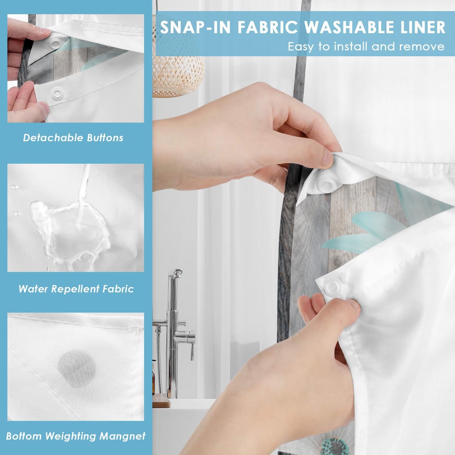 Nesphy No Hook Rustic Farmhouse Shower Curtain with Snap in Fabric Liner Set, Teal Daisy Flowers and Butterfly on Wooden Double Layers Waterproof with See Through Top Bath Curtain 71x74 Inch