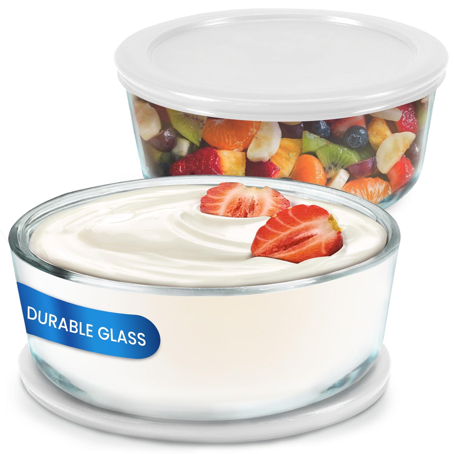 Ultimate Yogurt Containers 2 Pack, Make More Yogurt with 1-Quart Glass Containers (4 Cup), 100% BPA Free, Durable & Oven Safe Round Bowl Set with Lids, Perfect for Food Storage & Meal Prep