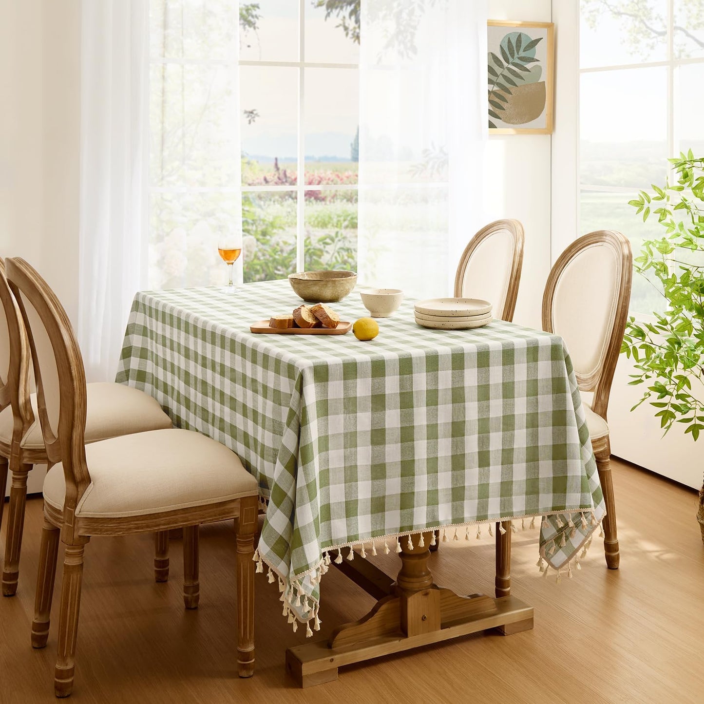 Softalker Outdoor Checkered Tablecloth Rectangle, Spring Summer Linen Cotton Gingham Table Cloth with Tassel, Heavy Duty Wrinkle Free Buffalo Plaid Table Cover for Picnic Camping - 55 x 120 Inch, Sage