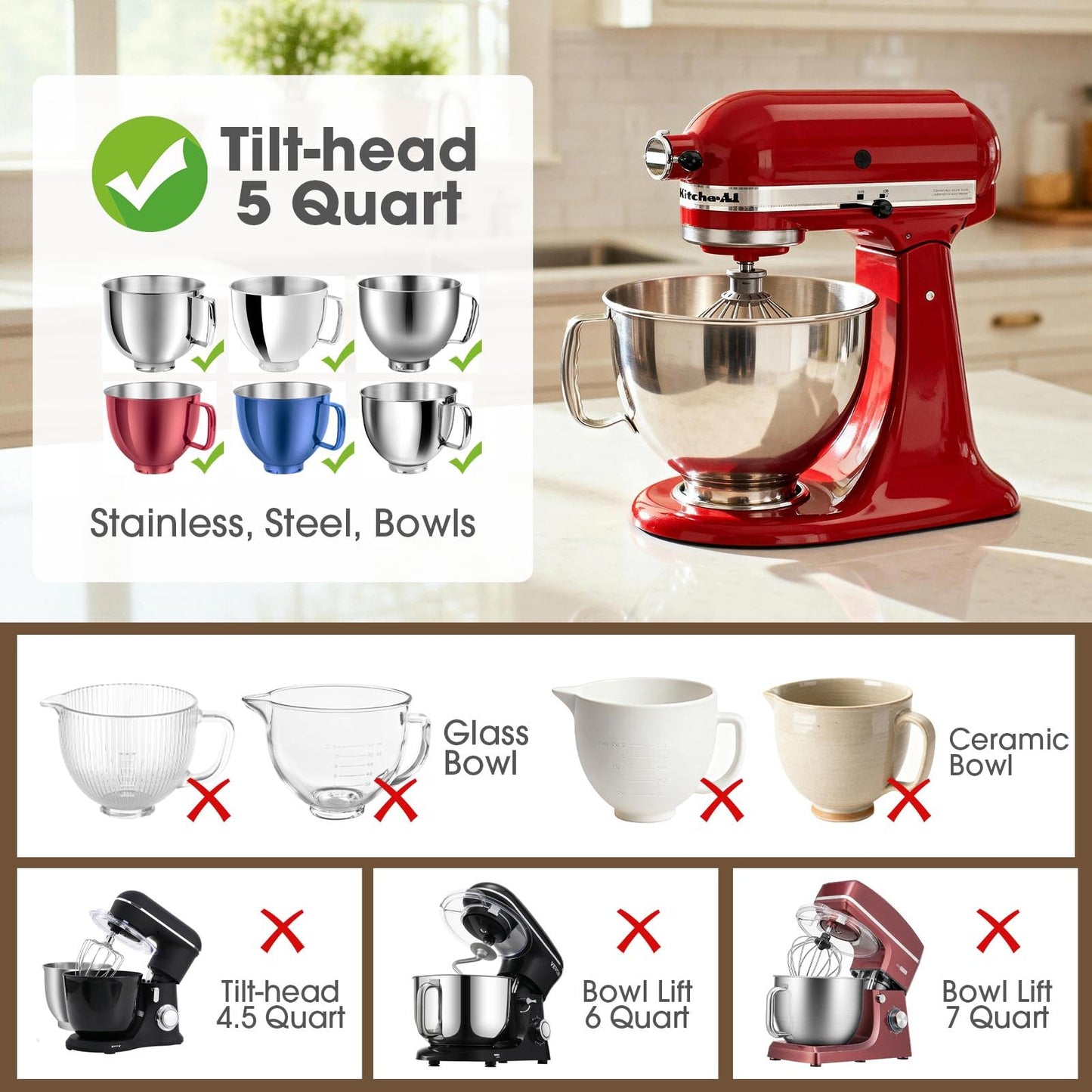 Snuggery 3Pcs 5QT Silicone Bowl Liner for KitchenAid Tilt-Head Stand Mixers – Food-Grade Silicone Insert with Sealable Lid, Vent Holes & ml Markings – Heat-Resistant, Stackable Design