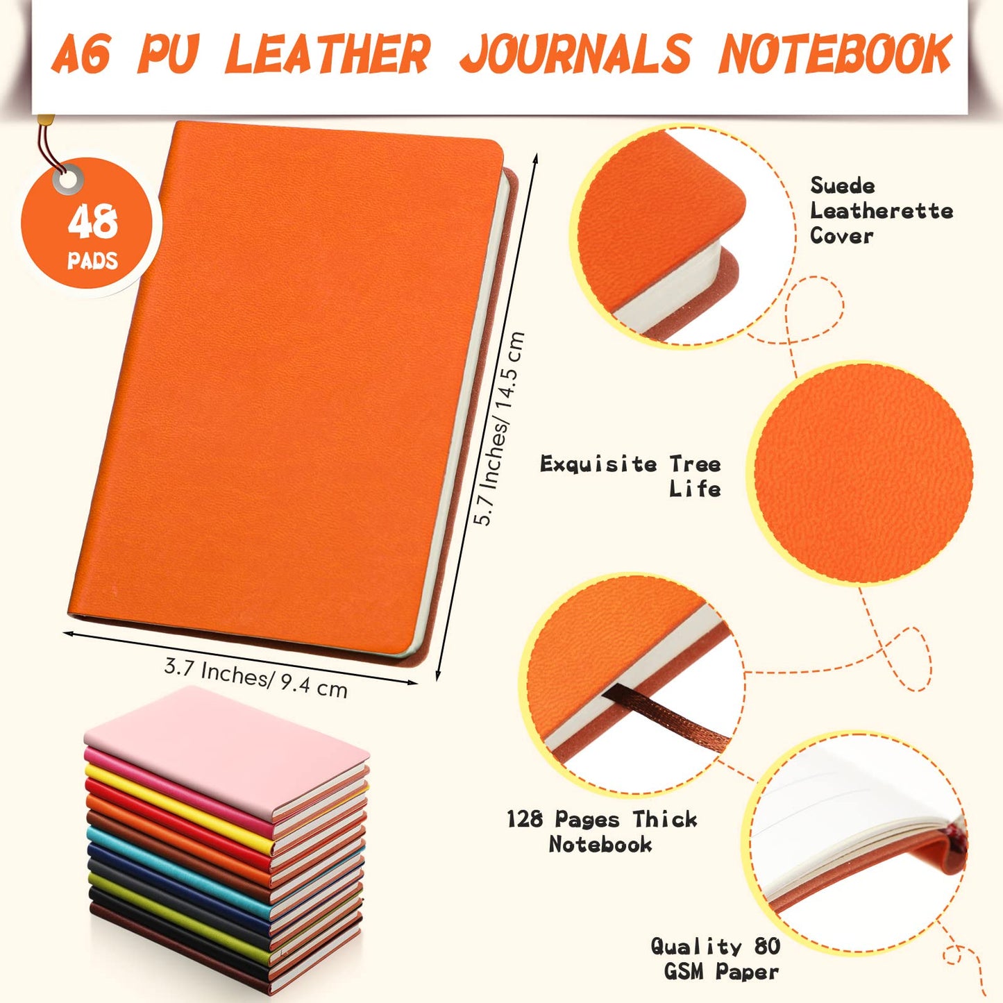 PerKoop 48 Pcs A6 PU Leather Journals Notebook Bulk Lined Journal Soft PU Leather Cover Ruled Writing Notebook for Home Office School Business 128 Pages 5.7 x 3.7 Inch (Vibrant Color)
