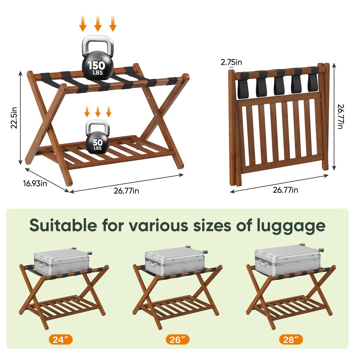 Smart FENDEE Fully Assembled Bamboo Luggage Rack, Walnut Folding Suitcase Stand with Shoe Shelf, Heavy-Duty Luggage Holder for Guest Room Must Haves, Bedroom, Hotel, 1 Pack