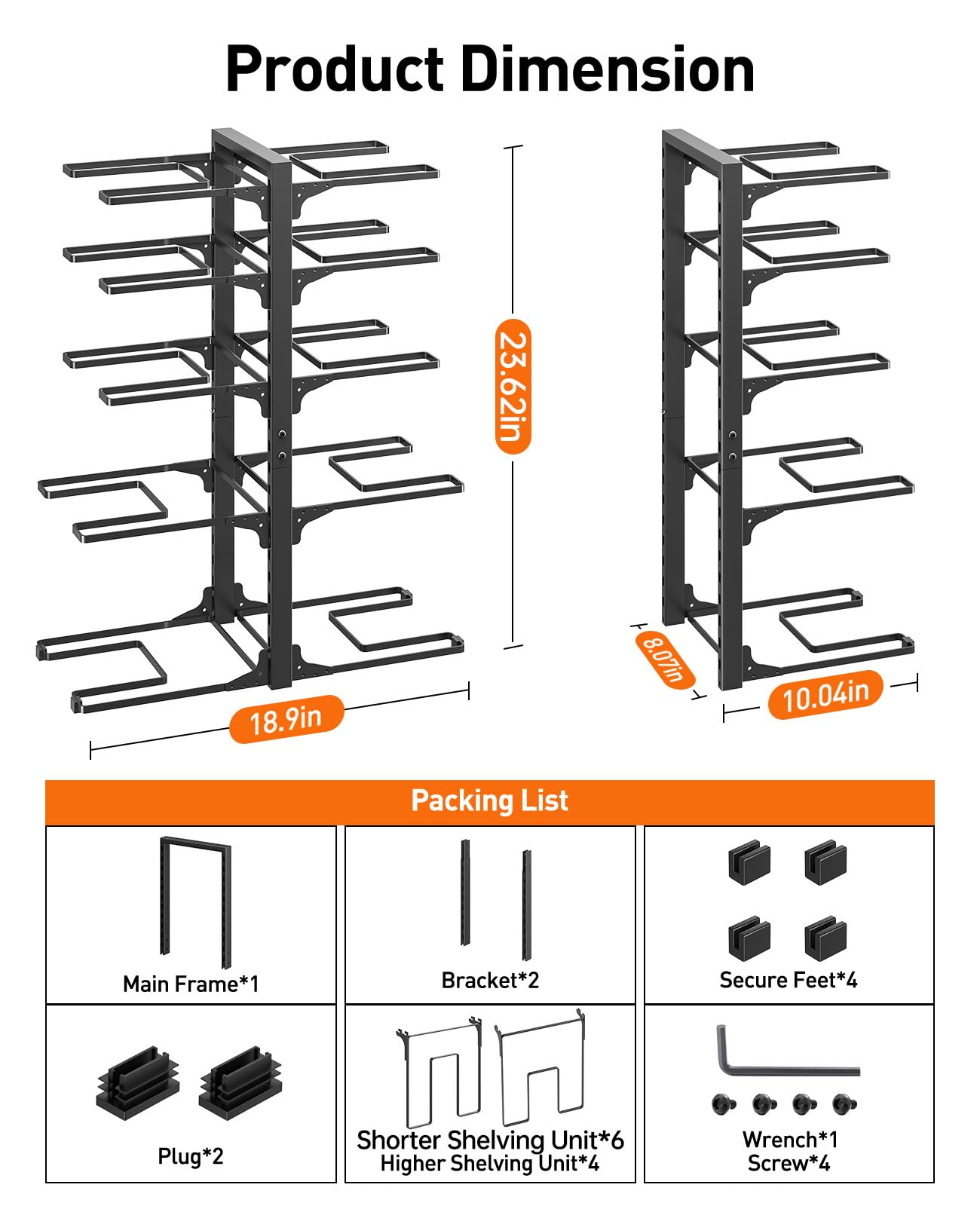 ORDORA Pots and Pans Organizer under Cabinet 23.62" Height, 10-Tier Kitchen Cabinet Organizers and Storage, Heavy Duty Pots and Pan Storage Rack Organizer inside Cabinet, Adjustable Pot Rack