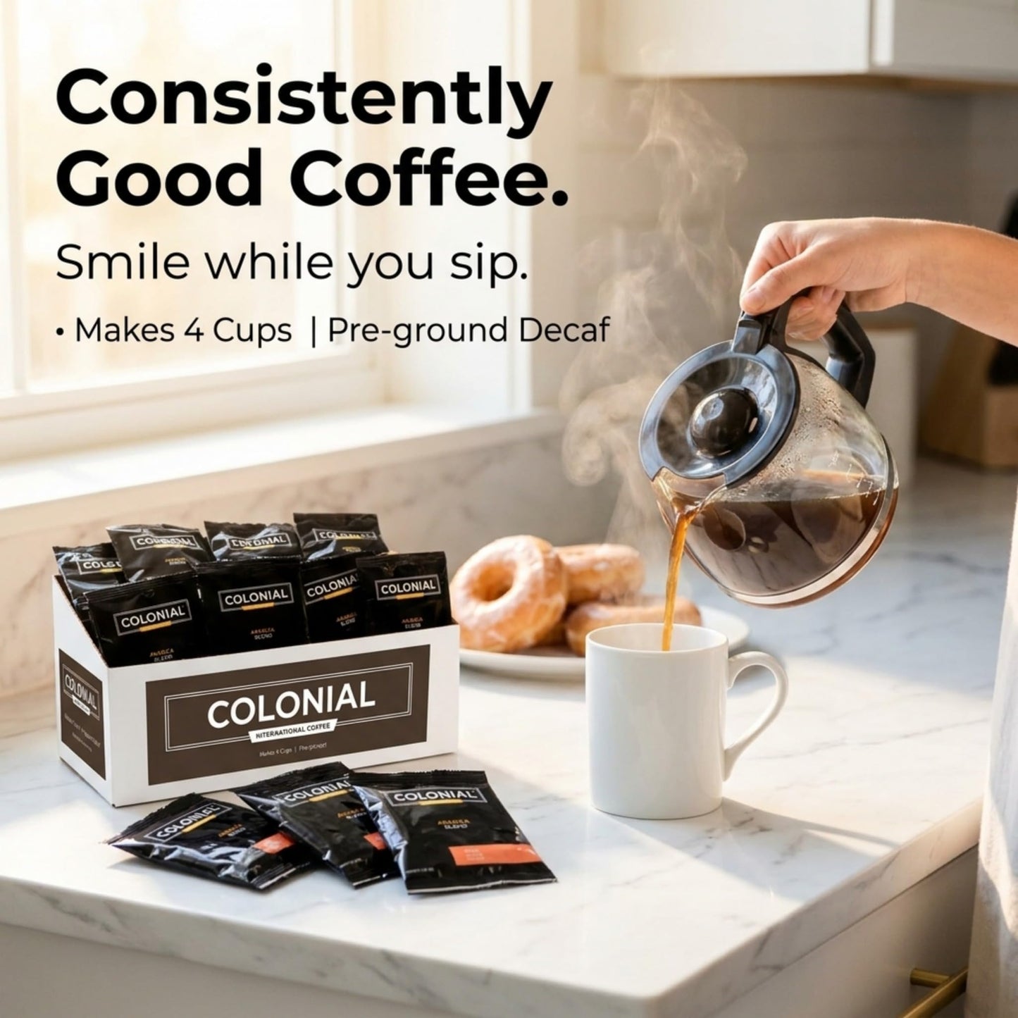 Colonial In-Room Decaf Ground Coffee Filter Packs for Hotel Rooms, Decaffeinated Dark Roast, 0.50 Ounce (Pack of 50), Use with 4-Cup Drip Coffee Machine
