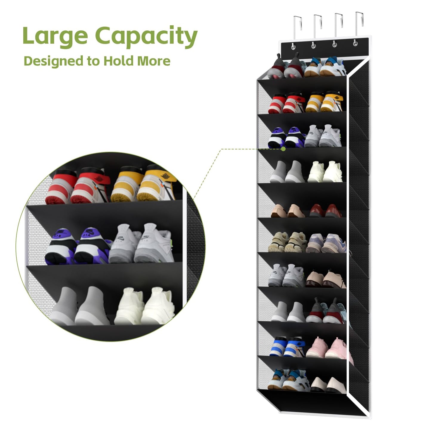KEEPJOY 10 Tiers Mesh Over Door Shoe Organizer Storage, Hanging Shoe Holder for Door with Large Deep Pockets, Fit 20-30 Pairs Shoe Rack for Sneakers, Boots(Black)