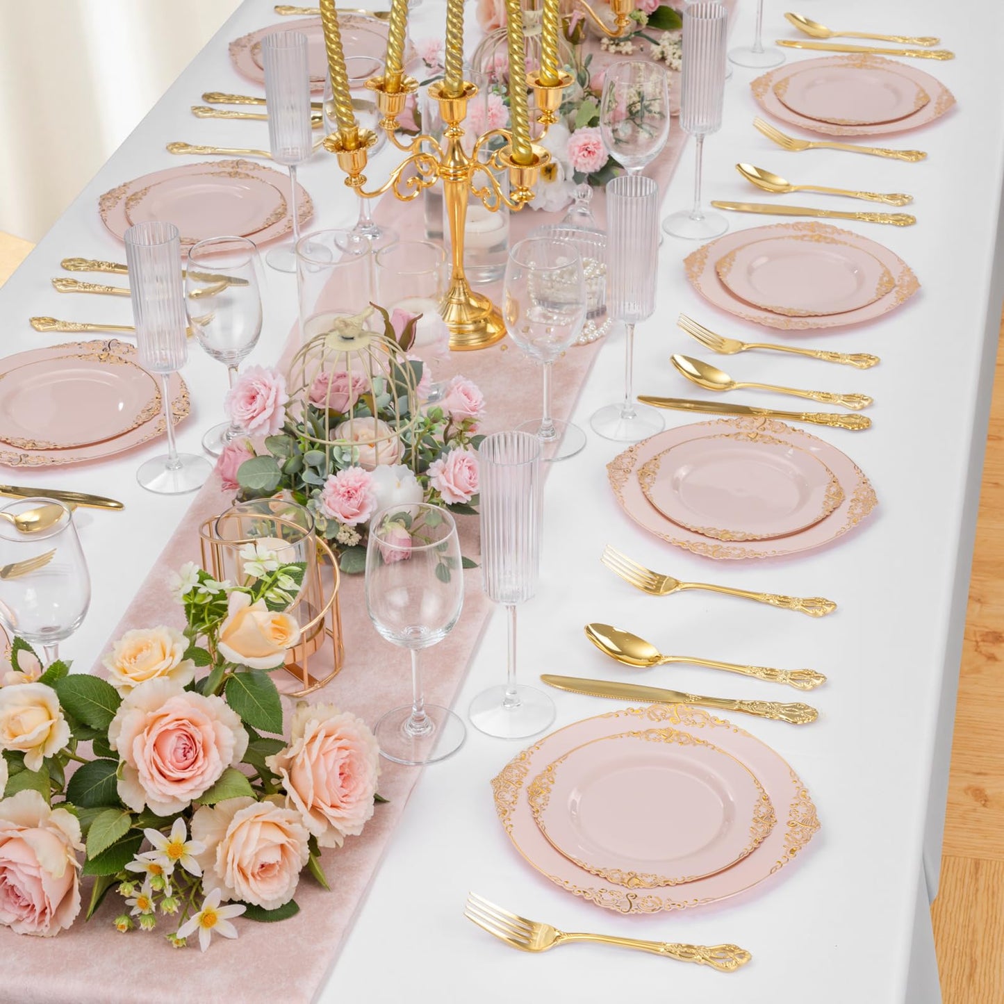 Joyido 200PCS Pink and Gold Plates - Pink Plastic Plate - Fancy Disposable Plates with Gold Rim - Vintage Wedding Dinner & Dessert Plate for 100 Guests for Wedding & Bridal Shower