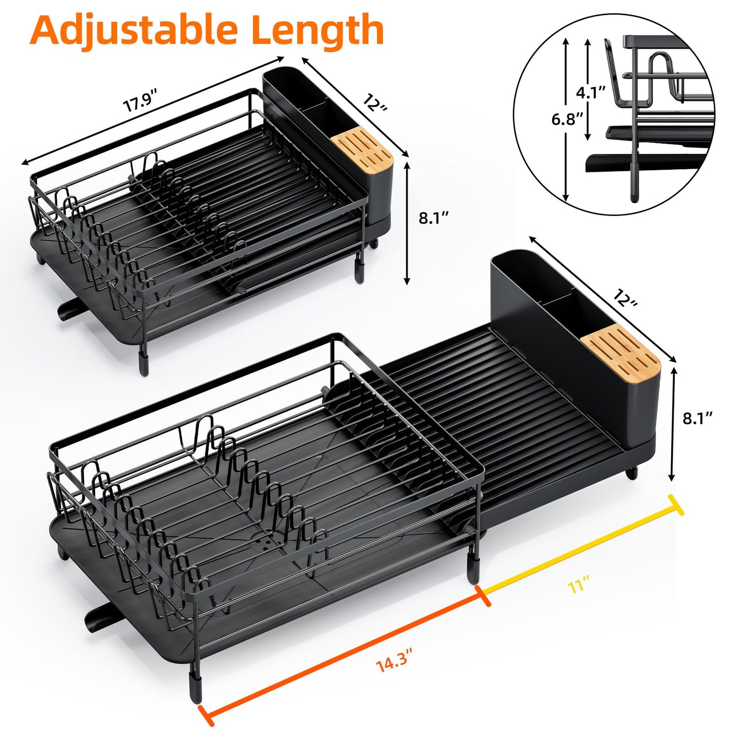 Urackify Large Dish Drying Rack, Expandable Dish Racks for Kitchen Counter, Multifunctional Dish Drainer with Utensil Holder & Cup Holder, 18.5"-26.7" L x 12.7" W, Black