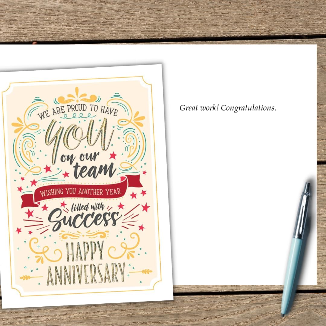 Posty Cards, Bulk 25 Pack Employee Anniversary Cards for Businesses, Employees, Staff, Clients and Office Use (Anniversary Success “From Our Team” Design with Gold Foil) 5.5" x 7.5", Message Inside, 26 White Envelopes Included