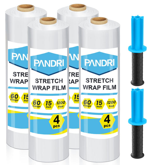 Stretch Film, PANDRI 4 Rolls Stretch Wrap with Handles Industrial Strength, Clear Shrink Wrap, Plastic Wrap for Moving Pallet Wrap, 15" x 1200 Ft Per Roll, 60 Ga, 2 Handles