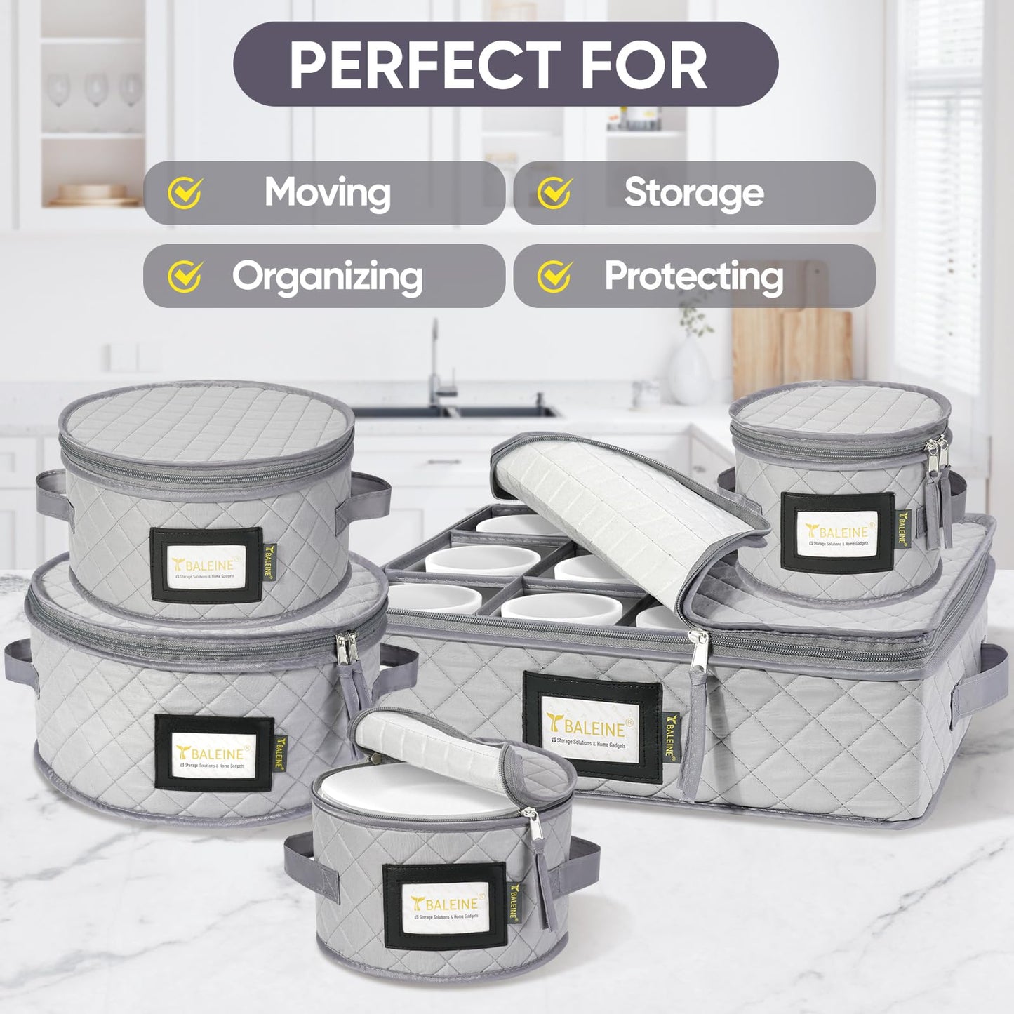 BALEINE China Storage Containers, Sturdy Quilted Wine Glass Storage, Plate Organizer with Carry Handles, Moving Boxes for Dishes, Cups, Mugs and Stemware (Plate Mug Combo, Soft Shell Grey)