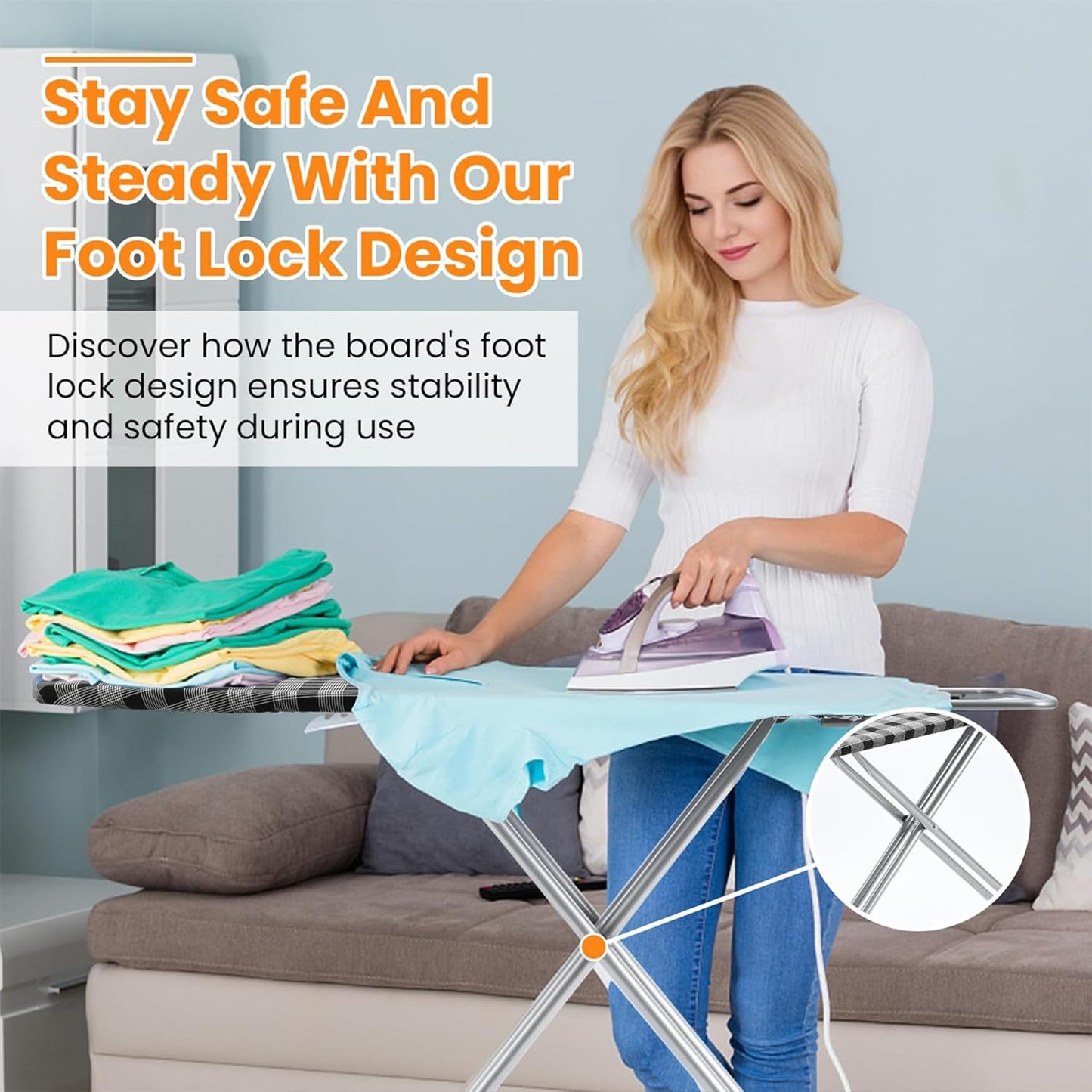 Jakeefud Ironing Board 13" X 43" W/Extra Thick Heavy Duty Padded Cover, Height Adjustable,Heat & Scorch Resistant Fabric, Anti-Skid Feet, Extra Wide, Easy to Fold Checkered Gray