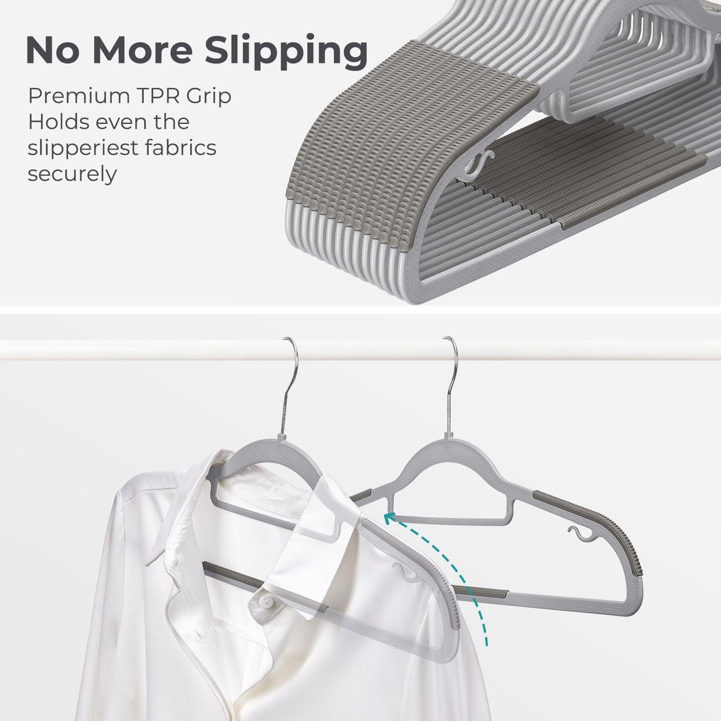 HOUSE DAY Plastic Hangers 50 Pack, Grey Plastic Clothes Hangers Non Slip with Rubber Grip, Heavy Duty Hanger with 360° Swivel Metal Hook, Ultra Thin Hangers Space Saving for Closet Organizer